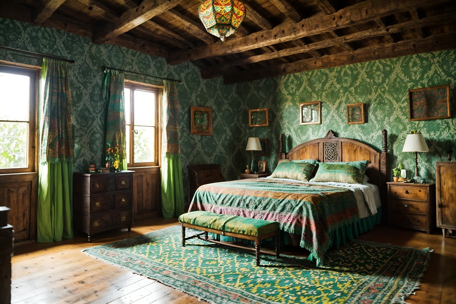 bohemian-style (attic interior) . with carefree layers of pattern, texture, and color and lush green nature and bold colors and a lack of structure and woods and playful colors and playful textures and playful patterns. . cinematic photo, highly detailed, cinematic lighting, ultra-detailed, ultrarealistic, photorealism, 8k. bohemian interior design style. masterpiece, cinematic light, ultrarealistic+, photorealistic+, 8k, raw photo, realistic, sharp focus on eyes, (symmetrical eyes), (intact eyes), hyperrealistic, highest quality, best quality, , highly detailed, masterpiece, best quality, extremely detailed 8k wallpaper, masterpiece, best quality, ultra-detailed, best shadow, detailed background, detailed face, detailed eyes, high contrast, best illumination, detailed face, dulux, caustic, dynamic angle, detailed glow. dramatic lighting. highly detailed, insanely detailed hair, symmetrical, intricate details, professionally retouched, 8k high definition. strong bokeh. award winning photo.