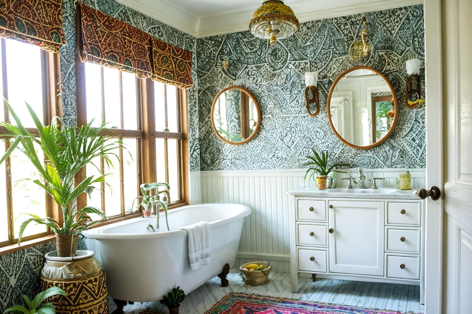 bohemian-style (bathroom interior) with bathtub and bathroom sink with faucet and bathroom cabinet and plant and waste basket and shower and toilet seat and bath rail. . with bold colors and mixed patterns and playful textures and carefree layers of pattern, texture, and color and travel trinkets and natural materials and animal hides and bold patterns. . cinematic photo, highly detailed, cinematic lighting, ultra-detailed, ultrarealistic, photorealism, 8k. bohemian interior design style. masterpiece, cinematic light, ultrarealistic+, photorealistic+, 8k, raw photo, realistic, sharp focus on eyes, (symmetrical eyes), (intact eyes), hyperrealistic, highest quality, best quality, , highly detailed, masterpiece, best quality, extremely detailed 8k wallpaper, masterpiece, best quality, ultra-detailed, best shadow, detailed background, detailed face, detailed eyes, high contrast, best illumination, detailed face, dulux, caustic, dynamic angle, detailed glow. dramatic lighting. highly detailed, insanely detailed hair, symmetrical, intricate details, professionally retouched, 8k high definition. strong bokeh. award winning photo.