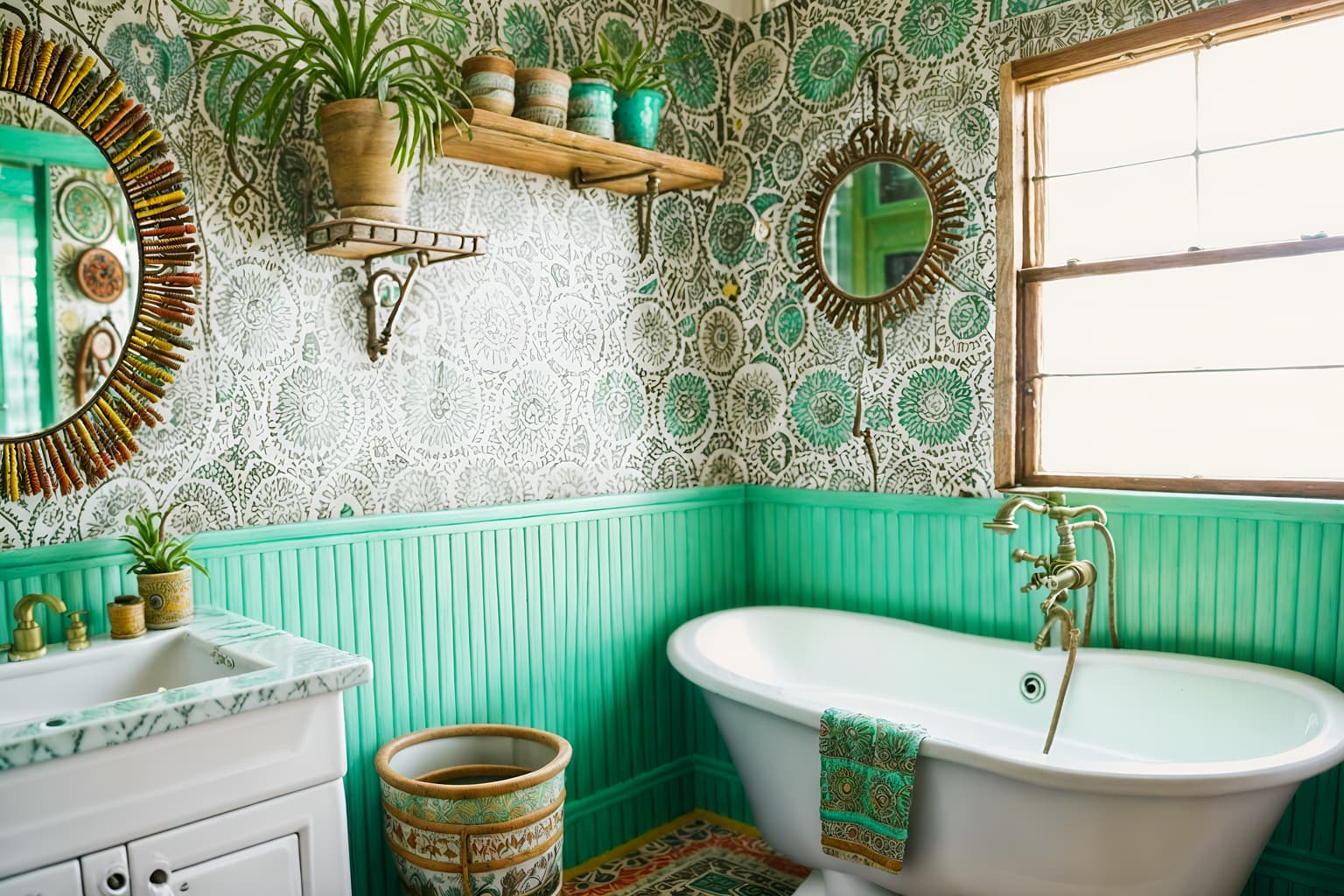 bohemian-style (bathroom interior) with bathtub and bathroom sink with faucet and bathroom cabinet and plant and waste basket and shower and toilet seat and bath rail. . with bold colors and mixed patterns and playful textures and carefree layers of pattern, texture, and color and travel trinkets and natural materials and animal hides and bold patterns. . cinematic photo, highly detailed, cinematic lighting, ultra-detailed, ultrarealistic, photorealism, 8k. bohemian interior design style. masterpiece, cinematic light, ultrarealistic+, photorealistic+, 8k, raw photo, realistic, sharp focus on eyes, (symmetrical eyes), (intact eyes), hyperrealistic, highest quality, best quality, , highly detailed, masterpiece, best quality, extremely detailed 8k wallpaper, masterpiece, best quality, ultra-detailed, best shadow, detailed background, detailed face, detailed eyes, high contrast, best illumination, detailed face, dulux, caustic, dynamic angle, detailed glow. dramatic lighting. highly detailed, insanely detailed hair, symmetrical, intricate details, professionally retouched, 8k high definition. strong bokeh. award winning photo.
