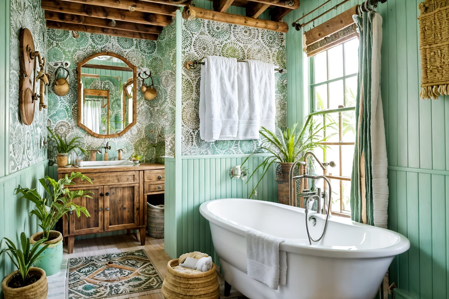 bohemian-style (hotel bathroom interior) with bathroom cabinet and shower and bath towel and bathroom sink with faucet and bath rail and waste basket and toilet seat and plant. . with playful textures and natural materials and a lack of structure and animal hides and woods and carefree layers of pattern, texture, and color and playful patterns and playful colors. . cinematic photo, highly detailed, cinematic lighting, ultra-detailed, ultrarealistic, photorealism, 8k. bohemian interior design style. masterpiece, cinematic light, ultrarealistic+, photorealistic+, 8k, raw photo, realistic, sharp focus on eyes, (symmetrical eyes), (intact eyes), hyperrealistic, highest quality, best quality, , highly detailed, masterpiece, best quality, extremely detailed 8k wallpaper, masterpiece, best quality, ultra-detailed, best shadow, detailed background, detailed face, detailed eyes, high contrast, best illumination, detailed face, dulux, caustic, dynamic angle, detailed glow. dramatic lighting. highly detailed, insanely detailed hair, symmetrical, intricate details, professionally retouched, 8k high definition. strong bokeh. award winning photo.
