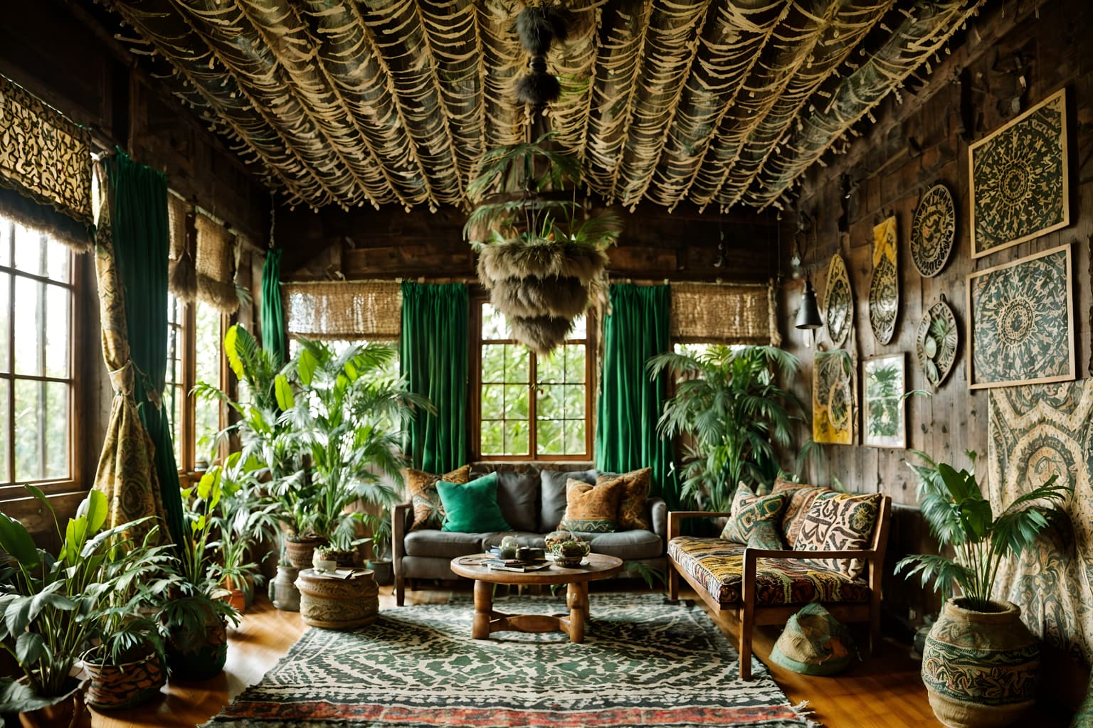bohemian-style (exhibition space interior) . with animal hides and mixed patterns and playful textures and natural materials and lush green nature and woods and playful colors and carefree layers of pattern, texture, and color. . cinematic photo, highly detailed, cinematic lighting, ultra-detailed, ultrarealistic, photorealism, 8k. bohemian interior design style. masterpiece, cinematic light, ultrarealistic+, photorealistic+, 8k, raw photo, realistic, sharp focus on eyes, (symmetrical eyes), (intact eyes), hyperrealistic, highest quality, best quality, , highly detailed, masterpiece, best quality, extremely detailed 8k wallpaper, masterpiece, best quality, ultra-detailed, best shadow, detailed background, detailed face, detailed eyes, high contrast, best illumination, detailed face, dulux, caustic, dynamic angle, detailed glow. dramatic lighting. highly detailed, insanely detailed hair, symmetrical, intricate details, professionally retouched, 8k high definition. strong bokeh. award winning photo.