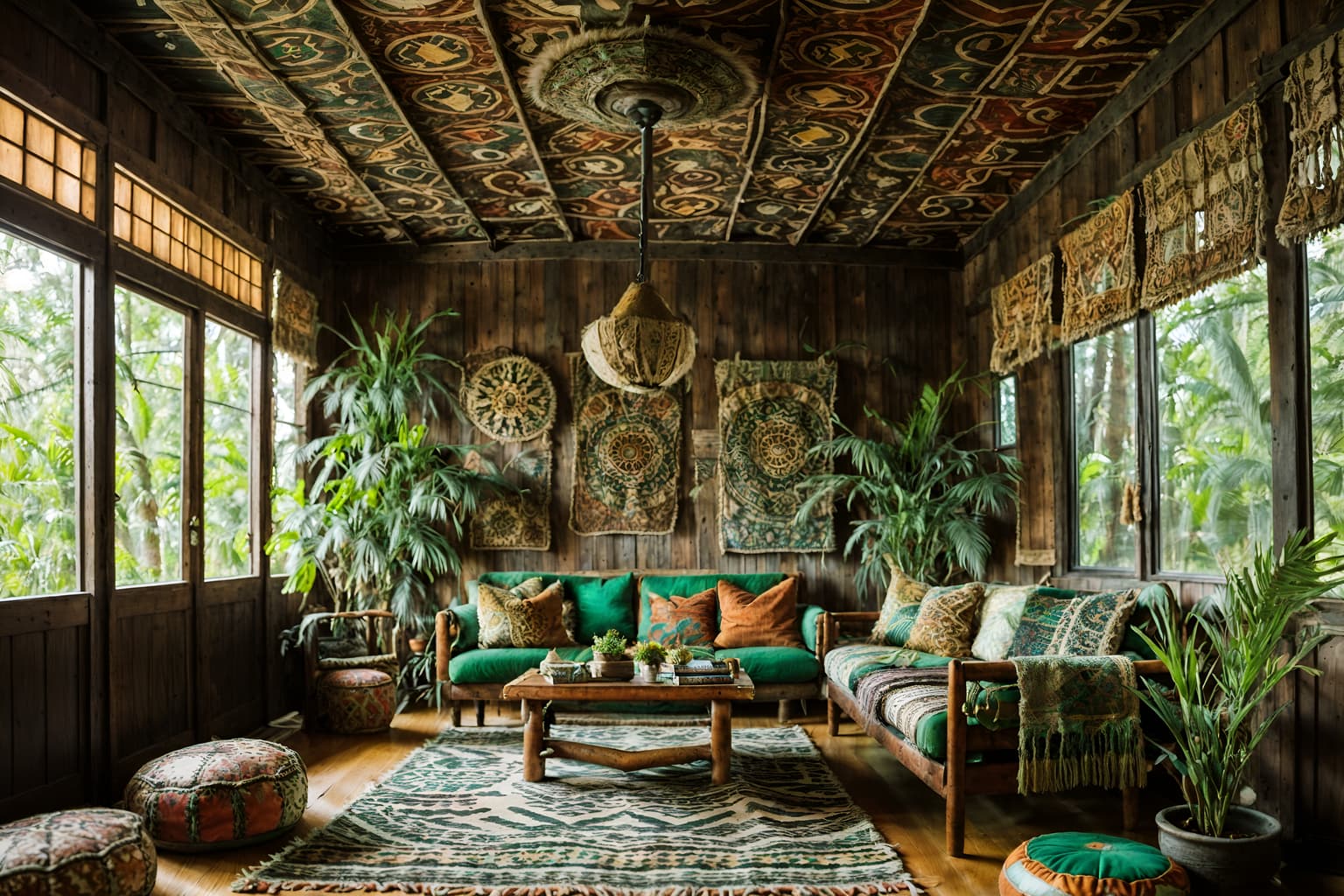 bohemian-style (exhibition space interior) . with animal hides and mixed patterns and playful textures and natural materials and lush green nature and woods and playful colors and carefree layers of pattern, texture, and color. . cinematic photo, highly detailed, cinematic lighting, ultra-detailed, ultrarealistic, photorealism, 8k. bohemian interior design style. masterpiece, cinematic light, ultrarealistic+, photorealistic+, 8k, raw photo, realistic, sharp focus on eyes, (symmetrical eyes), (intact eyes), hyperrealistic, highest quality, best quality, , highly detailed, masterpiece, best quality, extremely detailed 8k wallpaper, masterpiece, best quality, ultra-detailed, best shadow, detailed background, detailed face, detailed eyes, high contrast, best illumination, detailed face, dulux, caustic, dynamic angle, detailed glow. dramatic lighting. highly detailed, insanely detailed hair, symmetrical, intricate details, professionally retouched, 8k high definition. strong bokeh. award winning photo.