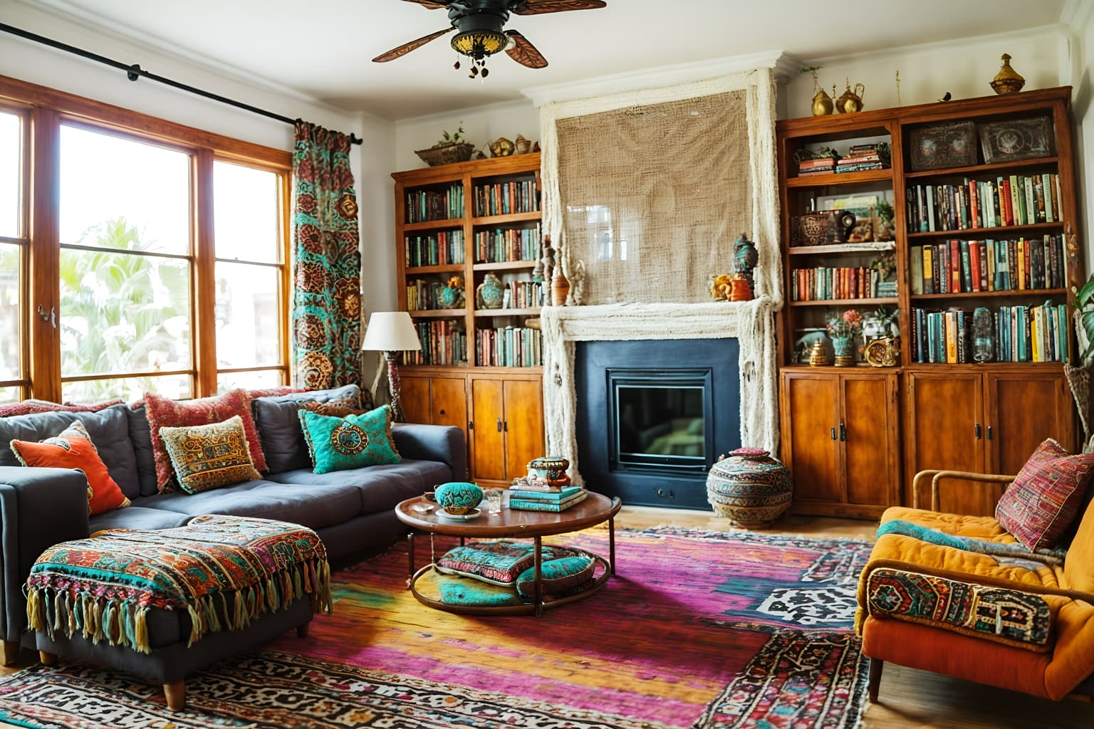 bohemian-style (living room interior) with coffee tables and rug and sofa and bookshelves and occasional tables and televisions and furniture and electric lamps. . with travel trinkets and carefree layers of pattern, texture, and color and animal hides and playful textures and bold colors and bold patterns and playful colors and mixed patterns. . cinematic photo, highly detailed, cinematic lighting, ultra-detailed, ultrarealistic, photorealism, 8k. bohemian interior design style. masterpiece, cinematic light, ultrarealistic+, photorealistic+, 8k, raw photo, realistic, sharp focus on eyes, (symmetrical eyes), (intact eyes), hyperrealistic, highest quality, best quality, , highly detailed, masterpiece, best quality, extremely detailed 8k wallpaper, masterpiece, best quality, ultra-detailed, best shadow, detailed background, detailed face, detailed eyes, high contrast, best illumination, detailed face, dulux, caustic, dynamic angle, detailed glow. dramatic lighting. highly detailed, insanely detailed hair, symmetrical, intricate details, professionally retouched, 8k high definition. strong bokeh. award winning photo.