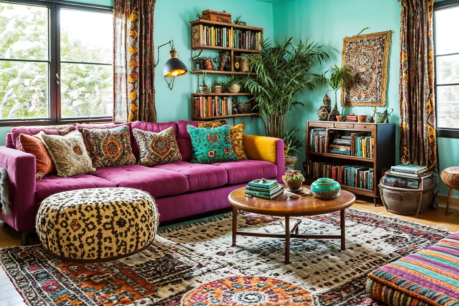 bohemian-style (living room interior) with coffee tables and rug and sofa and bookshelves and occasional tables and televisions and furniture and electric lamps. . with travel trinkets and carefree layers of pattern, texture, and color and animal hides and playful textures and bold colors and bold patterns and playful colors and mixed patterns. . cinematic photo, highly detailed, cinematic lighting, ultra-detailed, ultrarealistic, photorealism, 8k. bohemian interior design style. masterpiece, cinematic light, ultrarealistic+, photorealistic+, 8k, raw photo, realistic, sharp focus on eyes, (symmetrical eyes), (intact eyes), hyperrealistic, highest quality, best quality, , highly detailed, masterpiece, best quality, extremely detailed 8k wallpaper, masterpiece, best quality, ultra-detailed, best shadow, detailed background, detailed face, detailed eyes, high contrast, best illumination, detailed face, dulux, caustic, dynamic angle, detailed glow. dramatic lighting. highly detailed, insanely detailed hair, symmetrical, intricate details, professionally retouched, 8k high definition. strong bokeh. award winning photo.