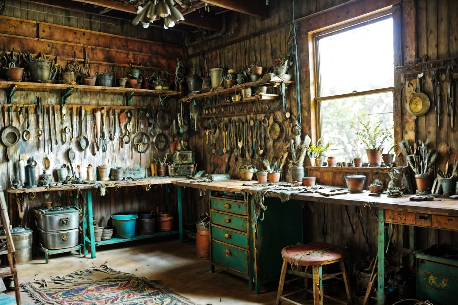 bohemian-style (workshop interior) with messy and wooden workbench and tool wall and messy. . with metals and natural materials and playful colors and bold colors and animal hides and a lack of structure and carefree layers of pattern, texture, and color and playful textures. . cinematic photo, highly detailed, cinematic lighting, ultra-detailed, ultrarealistic, photorealism, 8k. bohemian interior design style. masterpiece, cinematic light, ultrarealistic+, photorealistic+, 8k, raw photo, realistic, sharp focus on eyes, (symmetrical eyes), (intact eyes), hyperrealistic, highest quality, best quality, , highly detailed, masterpiece, best quality, extremely detailed 8k wallpaper, masterpiece, best quality, ultra-detailed, best shadow, detailed background, detailed face, detailed eyes, high contrast, best illumination, detailed face, dulux, caustic, dynamic angle, detailed glow. dramatic lighting. highly detailed, insanely detailed hair, symmetrical, intricate details, professionally retouched, 8k high definition. strong bokeh. award winning photo.