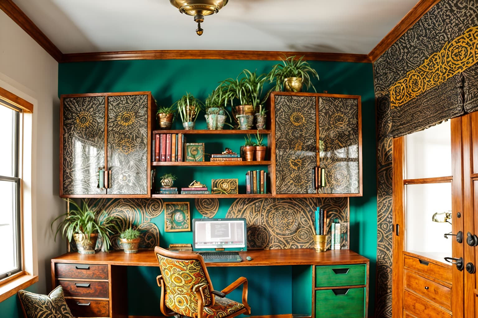 bohemian-style (home office interior) with cabinets and plant and computer desk and office chair and desk lamp and cabinets. . with playful patterns and bold colors and metals and natural materials and animal hides and travel trinkets and playful textures and carefree layers of pattern, texture, and color. . cinematic photo, highly detailed, cinematic lighting, ultra-detailed, ultrarealistic, photorealism, 8k. bohemian interior design style. masterpiece, cinematic light, ultrarealistic+, photorealistic+, 8k, raw photo, realistic, sharp focus on eyes, (symmetrical eyes), (intact eyes), hyperrealistic, highest quality, best quality, , highly detailed, masterpiece, best quality, extremely detailed 8k wallpaper, masterpiece, best quality, ultra-detailed, best shadow, detailed background, detailed face, detailed eyes, high contrast, best illumination, detailed face, dulux, caustic, dynamic angle, detailed glow. dramatic lighting. highly detailed, insanely detailed hair, symmetrical, intricate details, professionally retouched, 8k high definition. strong bokeh. award winning photo.