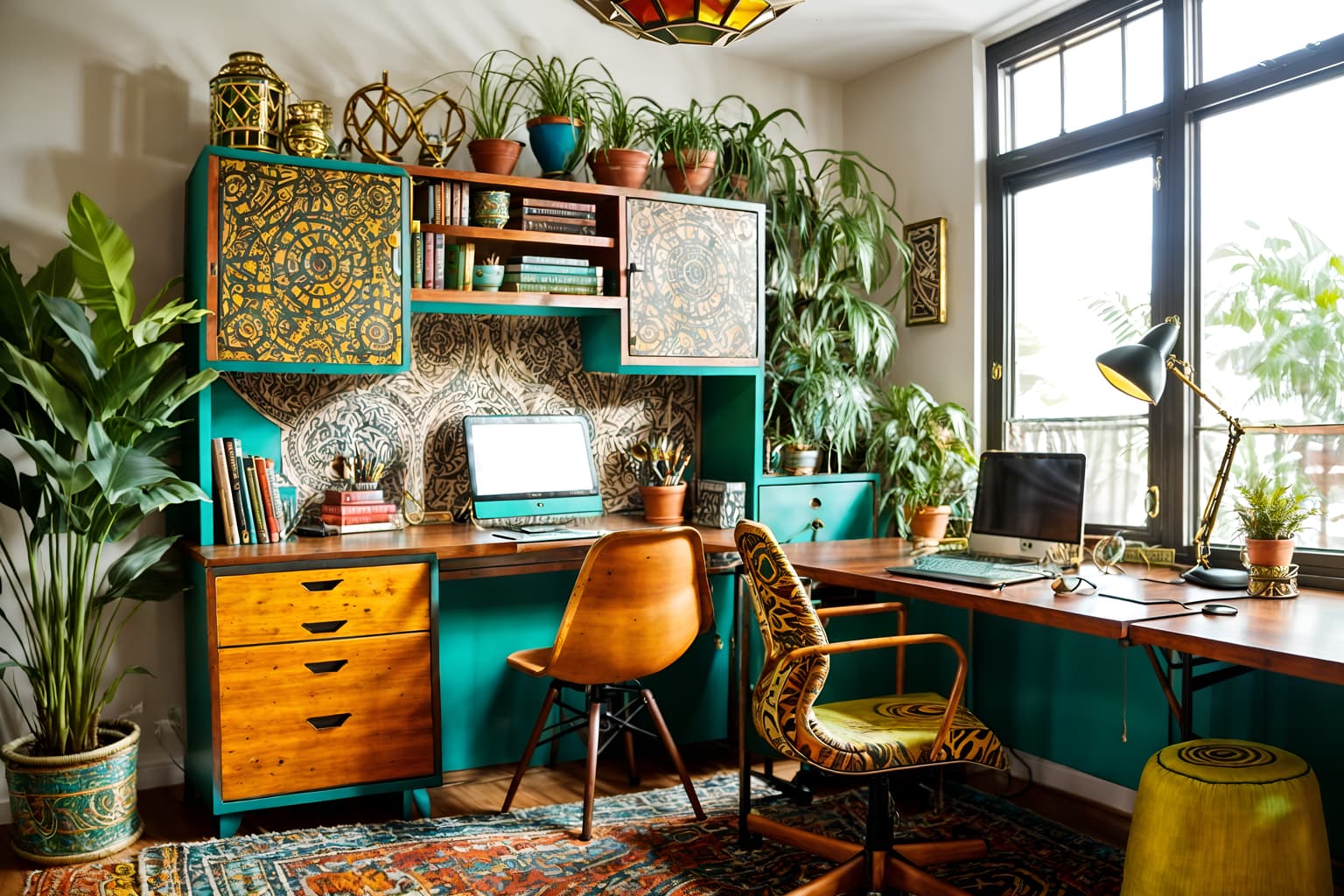 bohemian-style (home office interior) with cabinets and plant and computer desk and office chair and desk lamp and cabinets. . with playful patterns and bold colors and metals and natural materials and animal hides and travel trinkets and playful textures and carefree layers of pattern, texture, and color. . cinematic photo, highly detailed, cinematic lighting, ultra-detailed, ultrarealistic, photorealism, 8k. bohemian interior design style. masterpiece, cinematic light, ultrarealistic+, photorealistic+, 8k, raw photo, realistic, sharp focus on eyes, (symmetrical eyes), (intact eyes), hyperrealistic, highest quality, best quality, , highly detailed, masterpiece, best quality, extremely detailed 8k wallpaper, masterpiece, best quality, ultra-detailed, best shadow, detailed background, detailed face, detailed eyes, high contrast, best illumination, detailed face, dulux, caustic, dynamic angle, detailed glow. dramatic lighting. highly detailed, insanely detailed hair, symmetrical, intricate details, professionally retouched, 8k high definition. strong bokeh. award winning photo.