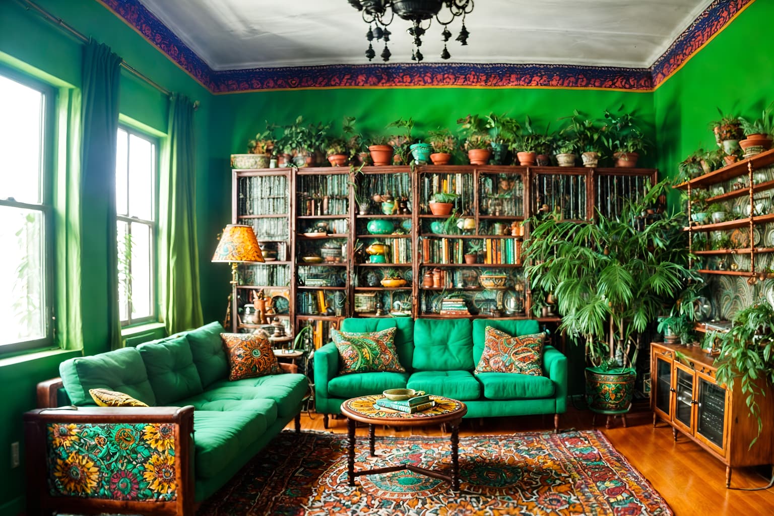 bohemian-style (kitchen living combo interior) with electric lamps and furniture and plant and bookshelves and plant and sink and televisions and chairs. . with a lack of structure and travel trinkets and mixed patterns and bold patterns and bold colors and animal hides and lush green nature and playful patterns. . cinematic photo, highly detailed, cinematic lighting, ultra-detailed, ultrarealistic, photorealism, 8k. bohemian interior design style. masterpiece, cinematic light, ultrarealistic+, photorealistic+, 8k, raw photo, realistic, sharp focus on eyes, (symmetrical eyes), (intact eyes), hyperrealistic, highest quality, best quality, , highly detailed, masterpiece, best quality, extremely detailed 8k wallpaper, masterpiece, best quality, ultra-detailed, best shadow, detailed background, detailed face, detailed eyes, high contrast, best illumination, detailed face, dulux, caustic, dynamic angle, detailed glow. dramatic lighting. highly detailed, insanely detailed hair, symmetrical, intricate details, professionally retouched, 8k high definition. strong bokeh. award winning photo.
