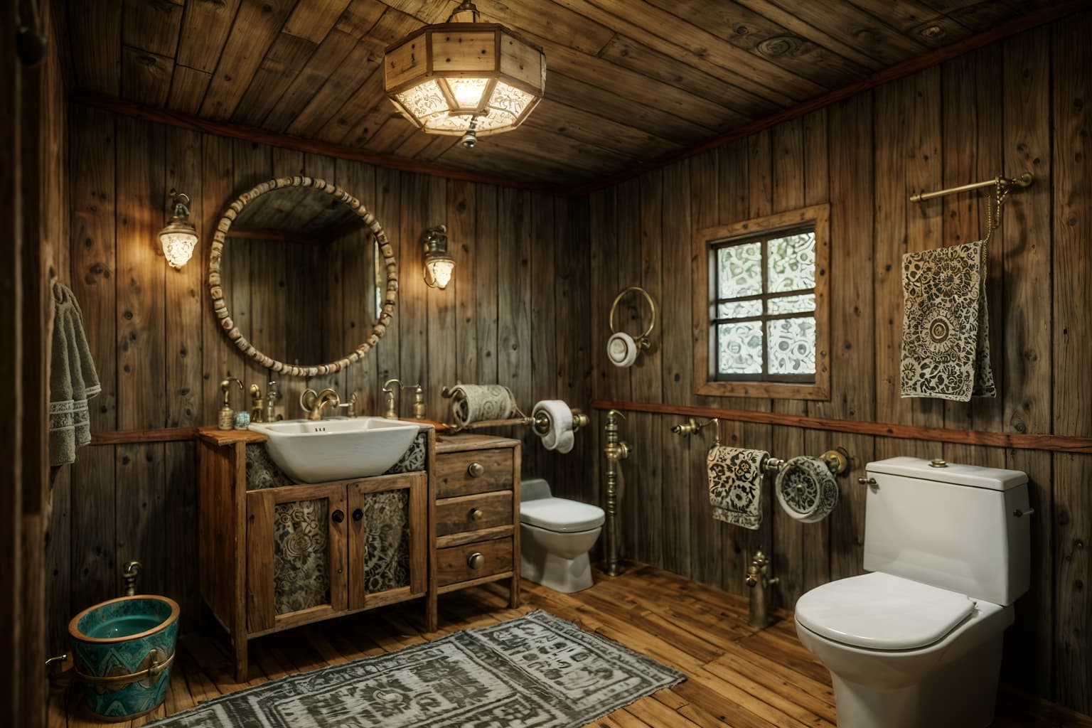 bohemian-style (toilet interior) with sink with tap and toilet with toilet seat up and toilet paper hanger and sink with tap. . with animal hides and natural materials and woods and metals and playful textures and playful patterns and bold colors and a lack of structure. . cinematic photo, highly detailed, cinematic lighting, ultra-detailed, ultrarealistic, photorealism, 8k. bohemian interior design style. masterpiece, cinematic light, ultrarealistic+, photorealistic+, 8k, raw photo, realistic, sharp focus on eyes, (symmetrical eyes), (intact eyes), hyperrealistic, highest quality, best quality, , highly detailed, masterpiece, best quality, extremely detailed 8k wallpaper, masterpiece, best quality, ultra-detailed, best shadow, detailed background, detailed face, detailed eyes, high contrast, best illumination, detailed face, dulux, caustic, dynamic angle, detailed glow. dramatic lighting. highly detailed, insanely detailed hair, symmetrical, intricate details, professionally retouched, 8k high definition. strong bokeh. award winning photo.