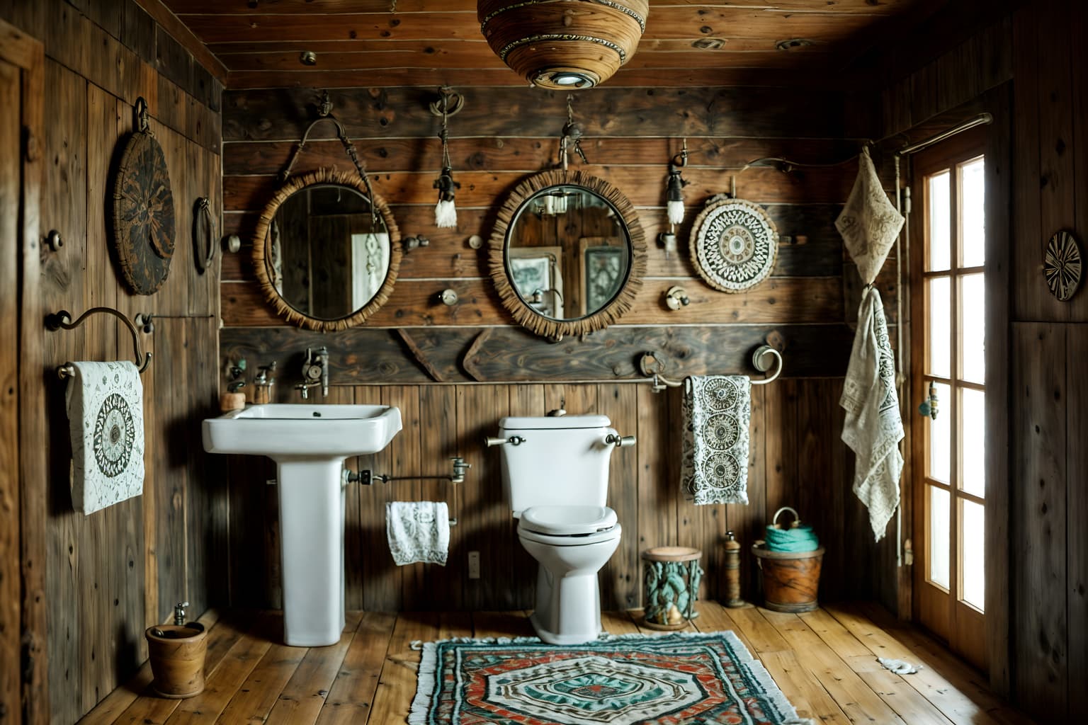 bohemian-style (toilet interior) with sink with tap and toilet with toilet seat up and toilet paper hanger and sink with tap. . with animal hides and natural materials and woods and metals and playful textures and playful patterns and bold colors and a lack of structure. . cinematic photo, highly detailed, cinematic lighting, ultra-detailed, ultrarealistic, photorealism, 8k. bohemian interior design style. masterpiece, cinematic light, ultrarealistic+, photorealistic+, 8k, raw photo, realistic, sharp focus on eyes, (symmetrical eyes), (intact eyes), hyperrealistic, highest quality, best quality, , highly detailed, masterpiece, best quality, extremely detailed 8k wallpaper, masterpiece, best quality, ultra-detailed, best shadow, detailed background, detailed face, detailed eyes, high contrast, best illumination, detailed face, dulux, caustic, dynamic angle, detailed glow. dramatic lighting. highly detailed, insanely detailed hair, symmetrical, intricate details, professionally retouched, 8k high definition. strong bokeh. award winning photo.
