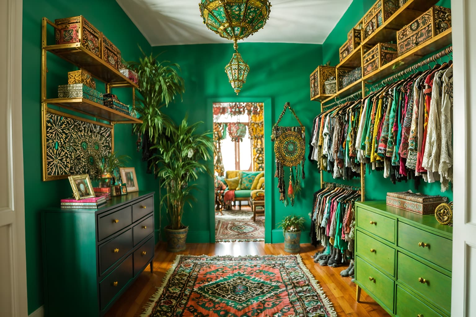 bohemian-style (walk in closet interior) . with mixed patterns and travel trinkets and playful textures and a lack of structure and bold colors and metals and lush green nature and bold patterns. . cinematic photo, highly detailed, cinematic lighting, ultra-detailed, ultrarealistic, photorealism, 8k. bohemian interior design style. masterpiece, cinematic light, ultrarealistic+, photorealistic+, 8k, raw photo, realistic, sharp focus on eyes, (symmetrical eyes), (intact eyes), hyperrealistic, highest quality, best quality, , highly detailed, masterpiece, best quality, extremely detailed 8k wallpaper, masterpiece, best quality, ultra-detailed, best shadow, detailed background, detailed face, detailed eyes, high contrast, best illumination, detailed face, dulux, caustic, dynamic angle, detailed glow. dramatic lighting. highly detailed, insanely detailed hair, symmetrical, intricate details, professionally retouched, 8k high definition. strong bokeh. award winning photo.