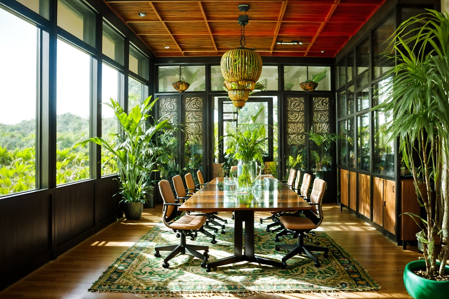 bohemian-style (meeting room interior) with glass doors and office chairs and boardroom table and vase and cabinets and plant and glass walls and painting or photo on wall. . with a lack of structure and natural materials and mixed patterns and lush green nature and playful patterns and bold colors and travel trinkets and animal hides. . cinematic photo, highly detailed, cinematic lighting, ultra-detailed, ultrarealistic, photorealism, 8k. bohemian interior design style. masterpiece, cinematic light, ultrarealistic+, photorealistic+, 8k, raw photo, realistic, sharp focus on eyes, (symmetrical eyes), (intact eyes), hyperrealistic, highest quality, best quality, , highly detailed, masterpiece, best quality, extremely detailed 8k wallpaper, masterpiece, best quality, ultra-detailed, best shadow, detailed background, detailed face, detailed eyes, high contrast, best illumination, detailed face, dulux, caustic, dynamic angle, detailed glow. dramatic lighting. highly detailed, insanely detailed hair, symmetrical, intricate details, professionally retouched, 8k high definition. strong bokeh. award winning photo.