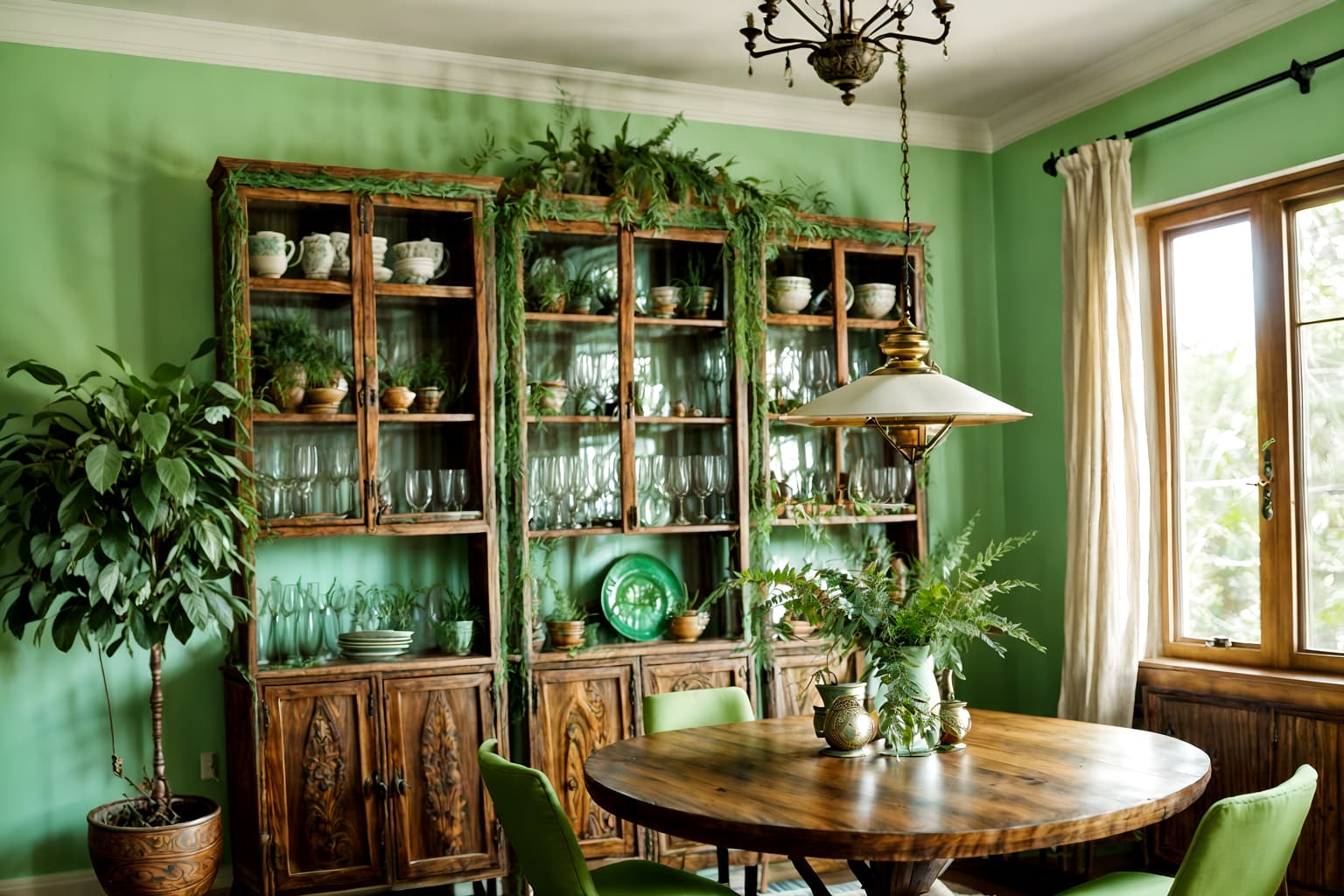 bohemian-style (dining room interior) with bookshelves and plates, cutlery and glasses on dining table and painting or photo on wall and plant and table cloth and light or chandelier and dining table and vase. . with woods and playful textures and playful colors and metals and travel trinkets and lush green nature and bold colors and natural materials. . cinematic photo, highly detailed, cinematic lighting, ultra-detailed, ultrarealistic, photorealism, 8k. bohemian interior design style. masterpiece, cinematic light, ultrarealistic+, photorealistic+, 8k, raw photo, realistic, sharp focus on eyes, (symmetrical eyes), (intact eyes), hyperrealistic, highest quality, best quality, , highly detailed, masterpiece, best quality, extremely detailed 8k wallpaper, masterpiece, best quality, ultra-detailed, best shadow, detailed background, detailed face, detailed eyes, high contrast, best illumination, detailed face, dulux, caustic, dynamic angle, detailed glow. dramatic lighting. highly detailed, insanely detailed hair, symmetrical, intricate details, professionally retouched, 8k high definition. strong bokeh. award winning photo.