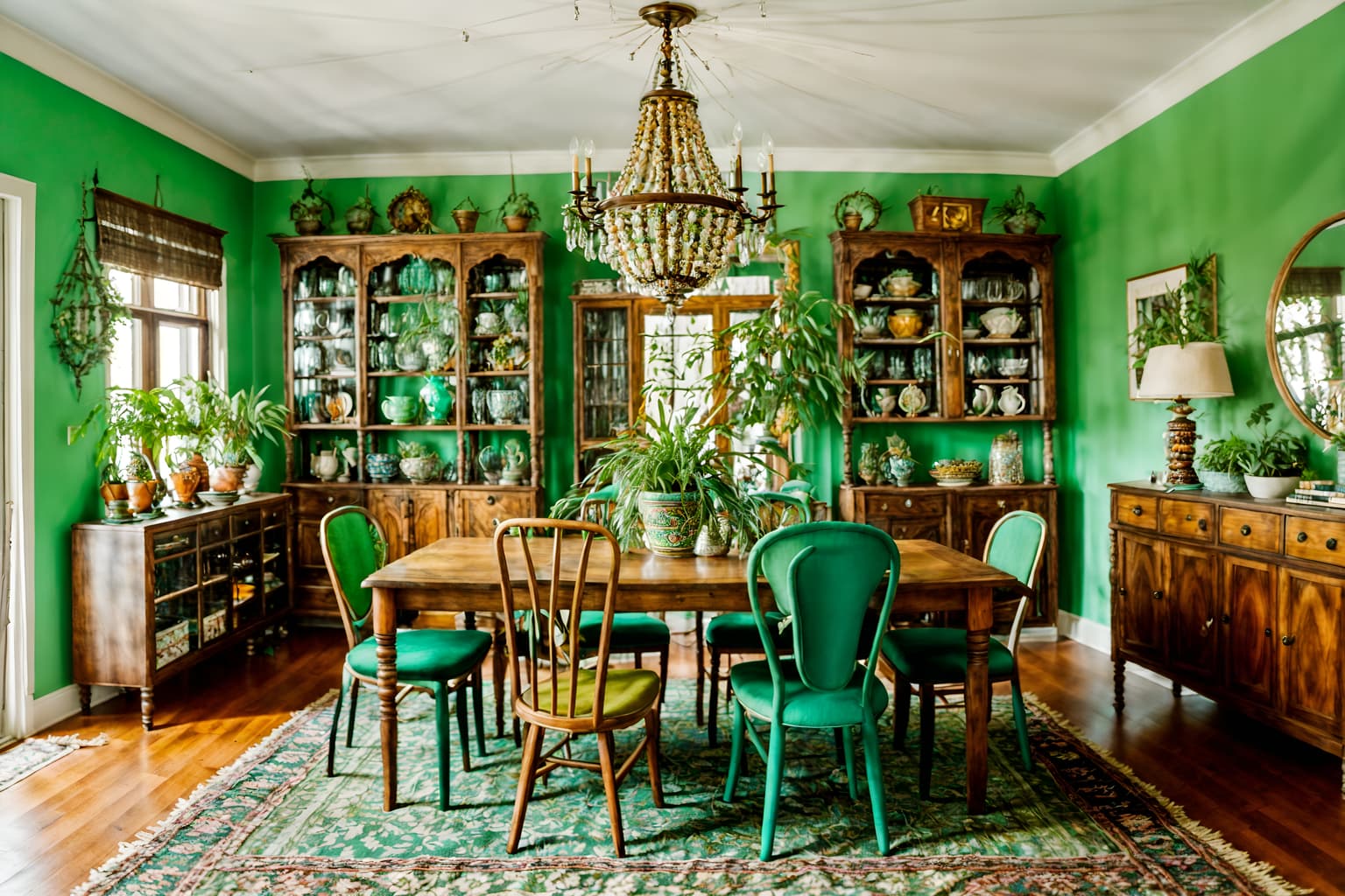 bohemian-style (dining room interior) with bookshelves and plates, cutlery and glasses on dining table and painting or photo on wall and plant and table cloth and light or chandelier and dining table and vase. . with woods and playful textures and playful colors and metals and travel trinkets and lush green nature and bold colors and natural materials. . cinematic photo, highly detailed, cinematic lighting, ultra-detailed, ultrarealistic, photorealism, 8k. bohemian interior design style. masterpiece, cinematic light, ultrarealistic+, photorealistic+, 8k, raw photo, realistic, sharp focus on eyes, (symmetrical eyes), (intact eyes), hyperrealistic, highest quality, best quality, , highly detailed, masterpiece, best quality, extremely detailed 8k wallpaper, masterpiece, best quality, ultra-detailed, best shadow, detailed background, detailed face, detailed eyes, high contrast, best illumination, detailed face, dulux, caustic, dynamic angle, detailed glow. dramatic lighting. highly detailed, insanely detailed hair, symmetrical, intricate details, professionally retouched, 8k high definition. strong bokeh. award winning photo.