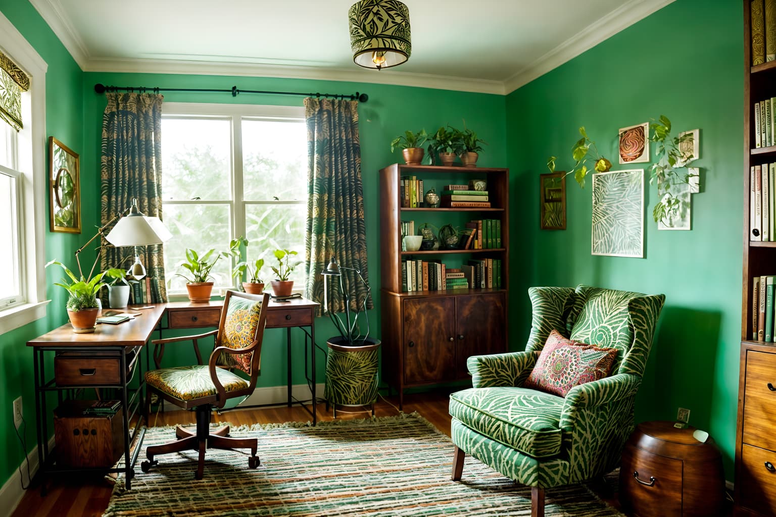 bohemian-style (study room interior) with desk lamp and plant and cabinets and writing desk and lounge chair and bookshelves and office chair and desk lamp. . with carefree layers of pattern, texture, and color and mixed patterns and bold patterns and playful textures and woods and lush green nature and a lack of structure and metals. . cinematic photo, highly detailed, cinematic lighting, ultra-detailed, ultrarealistic, photorealism, 8k. bohemian interior design style. masterpiece, cinematic light, ultrarealistic+, photorealistic+, 8k, raw photo, realistic, sharp focus on eyes, (symmetrical eyes), (intact eyes), hyperrealistic, highest quality, best quality, , highly detailed, masterpiece, best quality, extremely detailed 8k wallpaper, masterpiece, best quality, ultra-detailed, best shadow, detailed background, detailed face, detailed eyes, high contrast, best illumination, detailed face, dulux, caustic, dynamic angle, detailed glow. dramatic lighting. highly detailed, insanely detailed hair, symmetrical, intricate details, professionally retouched, 8k high definition. strong bokeh. award winning photo.