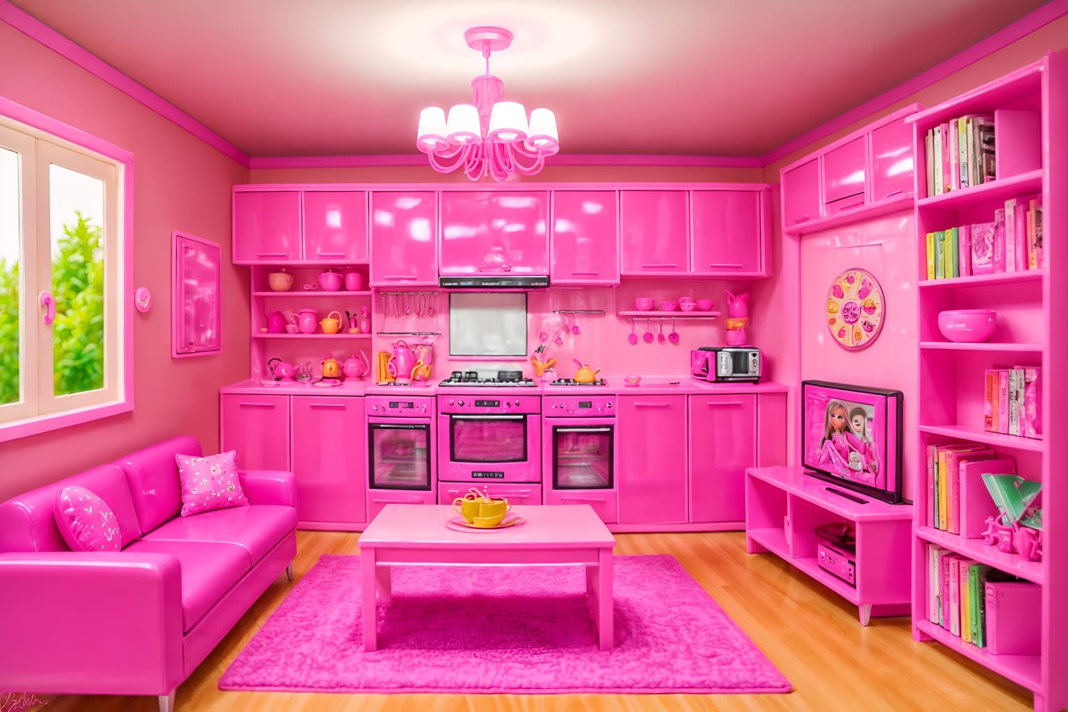 hot pink-style (kitchen living combo interior) with bookshelves and stove and televisions and plant and electric lamps and coffee tables and sink and refrigerator. . with barbie style interior and barbie closet and hot pink barbie colors and barbie bold rosy hues like fuchsia and magenta and barbie sofa and barbie glitter and sparkle and hot pink barbie walls and barbie plastic interior. . cinematic photo, highly detailed, cinematic lighting, ultra-detailed, ultrarealistic, photorealism, 8k. hot pink interior design style. masterpiece, cinematic light, ultrarealistic+, photorealistic+, 8k, raw photo, realistic, sharp focus on eyes, (symmetrical eyes), (intact eyes), hyperrealistic, highest quality, best quality, , highly detailed, masterpiece, best quality, extremely detailed 8k wallpaper, masterpiece, best quality, ultra-detailed, best shadow, detailed background, detailed face, detailed eyes, high contrast, best illumination, detailed face, dulux, caustic, dynamic angle, detailed glow. dramatic lighting. highly detailed, insanely detailed hair, symmetrical, intricate details, professionally retouched, 8k high definition. strong bokeh. award winning photo.