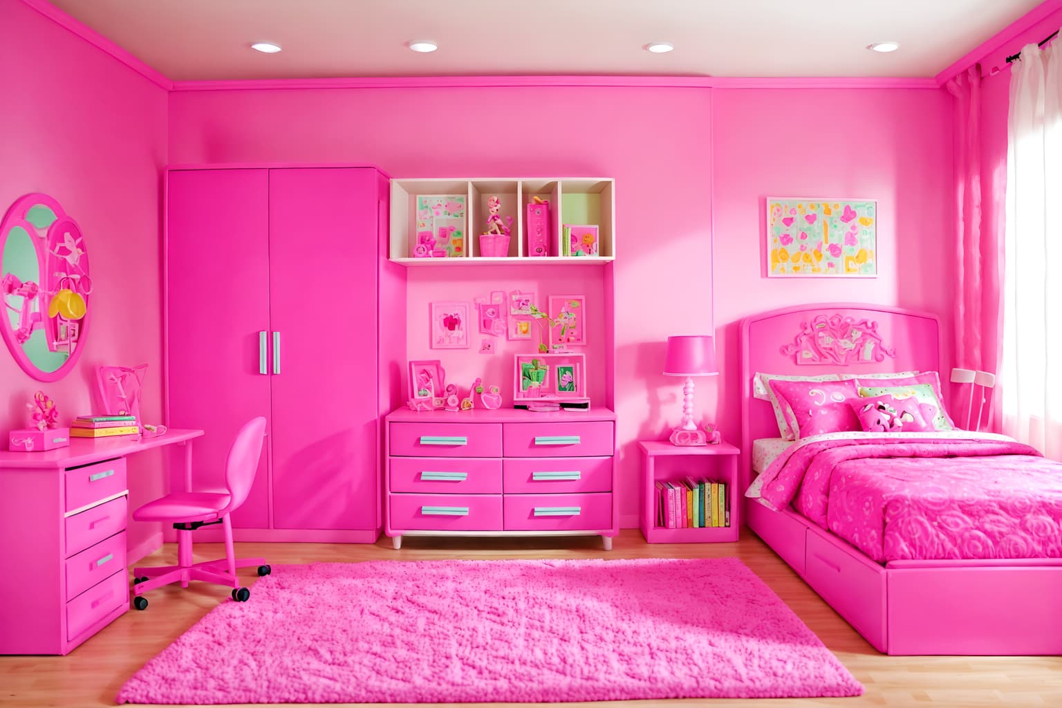 hot pink-style (kids room interior) with accent chair and plant and dresser closet and bedside table or night stand and storage bench or ottoman and kids desk and night light and headboard. . with barbie plastic interior and barbie sofa and barbie chairs and hot pink barbie colors and barbie bold rosy hues like fuchsia and magenta and barbie style interior and barbie glitter and sparkle and hot pink barbie walls. . cinematic photo, highly detailed, cinematic lighting, ultra-detailed, ultrarealistic, photorealism, 8k. hot pink interior design style. masterpiece, cinematic light, ultrarealistic+, photorealistic+, 8k, raw photo, realistic, sharp focus on eyes, (symmetrical eyes), (intact eyes), hyperrealistic, highest quality, best quality, , highly detailed, masterpiece, best quality, extremely detailed 8k wallpaper, masterpiece, best quality, ultra-detailed, best shadow, detailed background, detailed face, detailed eyes, high contrast, best illumination, detailed face, dulux, caustic, dynamic angle, detailed glow. dramatic lighting. highly detailed, insanely detailed hair, symmetrical, intricate details, professionally retouched, 8k high definition. strong bokeh. award winning photo.