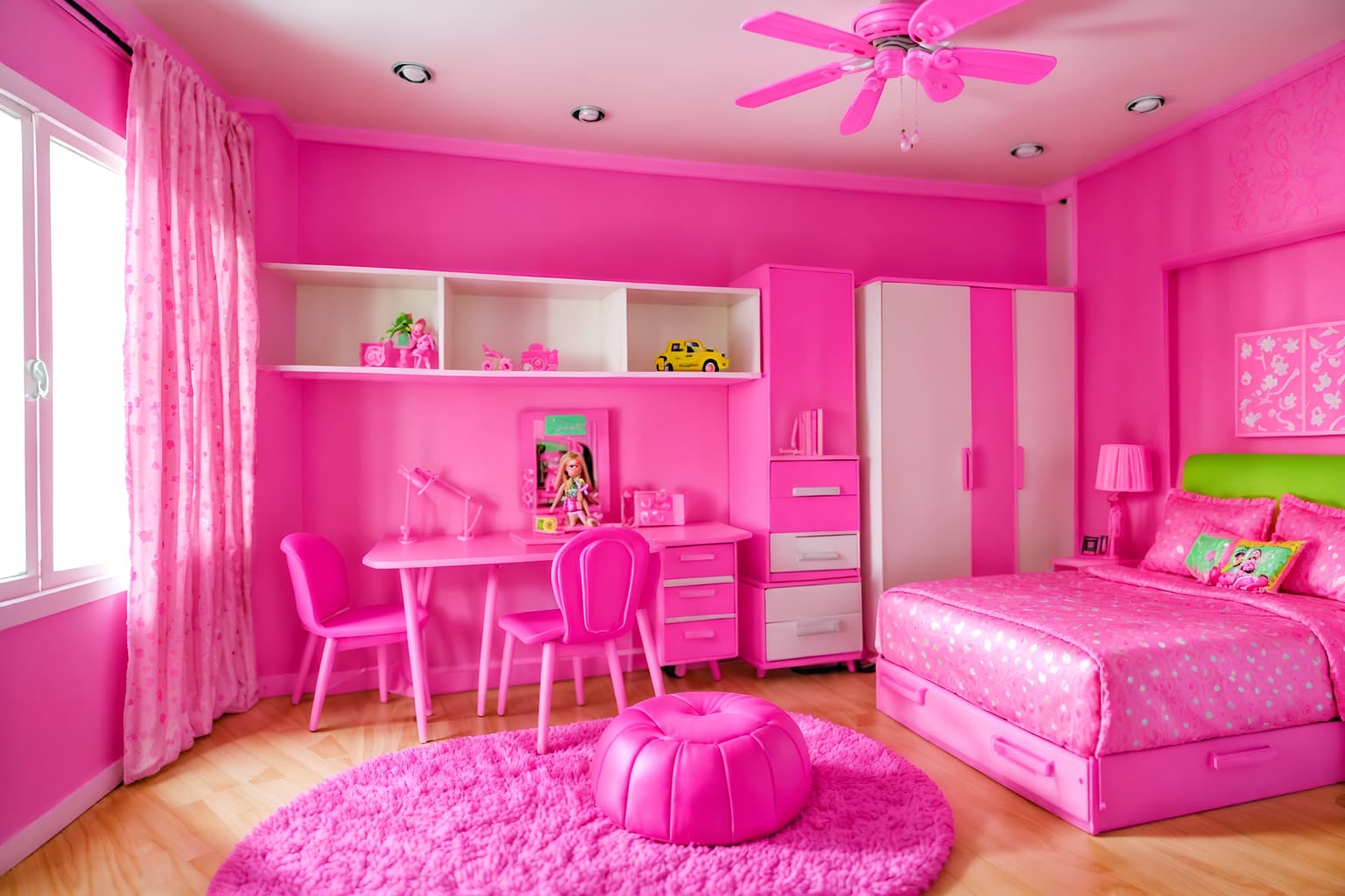 hot pink-style (kids room interior) with accent chair and plant and dresser closet and bedside table or night stand and storage bench or ottoman and kids desk and night light and headboard. . with barbie plastic interior and barbie sofa and barbie chairs and hot pink barbie colors and barbie bold rosy hues like fuchsia and magenta and barbie style interior and barbie glitter and sparkle and hot pink barbie walls. . cinematic photo, highly detailed, cinematic lighting, ultra-detailed, ultrarealistic, photorealism, 8k. hot pink interior design style. masterpiece, cinematic light, ultrarealistic+, photorealistic+, 8k, raw photo, realistic, sharp focus on eyes, (symmetrical eyes), (intact eyes), hyperrealistic, highest quality, best quality, , highly detailed, masterpiece, best quality, extremely detailed 8k wallpaper, masterpiece, best quality, ultra-detailed, best shadow, detailed background, detailed face, detailed eyes, high contrast, best illumination, detailed face, dulux, caustic, dynamic angle, detailed glow. dramatic lighting. highly detailed, insanely detailed hair, symmetrical, intricate details, professionally retouched, 8k high definition. strong bokeh. award winning photo.