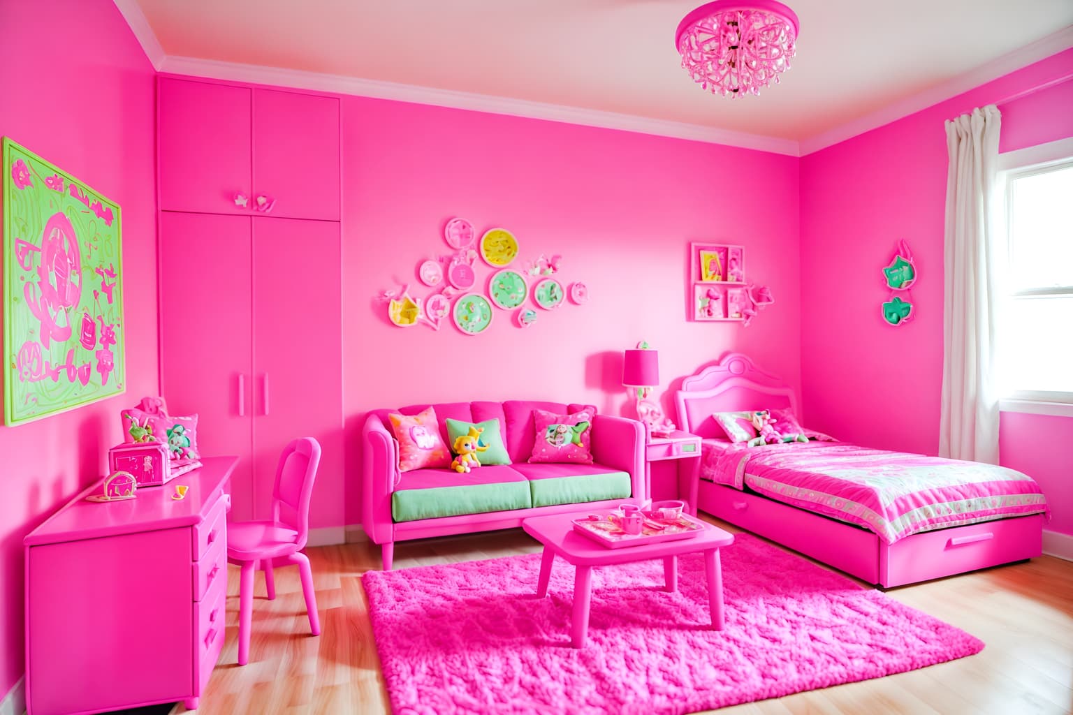 hot pink-style (kids room interior) with accent chair and plant and dresser closet and bedside table or night stand and storage bench or ottoman and kids desk and night light and headboard. . with barbie plastic interior and barbie sofa and barbie chairs and hot pink barbie colors and barbie bold rosy hues like fuchsia and magenta and barbie style interior and barbie glitter and sparkle and hot pink barbie walls. . cinematic photo, highly detailed, cinematic lighting, ultra-detailed, ultrarealistic, photorealism, 8k. hot pink interior design style. masterpiece, cinematic light, ultrarealistic+, photorealistic+, 8k, raw photo, realistic, sharp focus on eyes, (symmetrical eyes), (intact eyes), hyperrealistic, highest quality, best quality, , highly detailed, masterpiece, best quality, extremely detailed 8k wallpaper, masterpiece, best quality, ultra-detailed, best shadow, detailed background, detailed face, detailed eyes, high contrast, best illumination, detailed face, dulux, caustic, dynamic angle, detailed glow. dramatic lighting. highly detailed, insanely detailed hair, symmetrical, intricate details, professionally retouched, 8k high definition. strong bokeh. award winning photo.