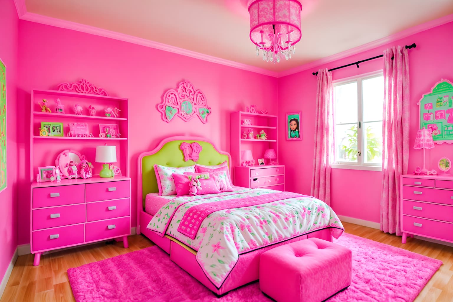 hot pink-style (kids room interior) with accent chair and plant and dresser closet and bedside table or night stand and storage bench or ottoman and kids desk and night light and headboard. . with barbie plastic interior and barbie sofa and barbie chairs and hot pink barbie colors and barbie bold rosy hues like fuchsia and magenta and barbie style interior and barbie glitter and sparkle and hot pink barbie walls. . cinematic photo, highly detailed, cinematic lighting, ultra-detailed, ultrarealistic, photorealism, 8k. hot pink interior design style. masterpiece, cinematic light, ultrarealistic+, photorealistic+, 8k, raw photo, realistic, sharp focus on eyes, (symmetrical eyes), (intact eyes), hyperrealistic, highest quality, best quality, , highly detailed, masterpiece, best quality, extremely detailed 8k wallpaper, masterpiece, best quality, ultra-detailed, best shadow, detailed background, detailed face, detailed eyes, high contrast, best illumination, detailed face, dulux, caustic, dynamic angle, detailed glow. dramatic lighting. highly detailed, insanely detailed hair, symmetrical, intricate details, professionally retouched, 8k high definition. strong bokeh. award winning photo.