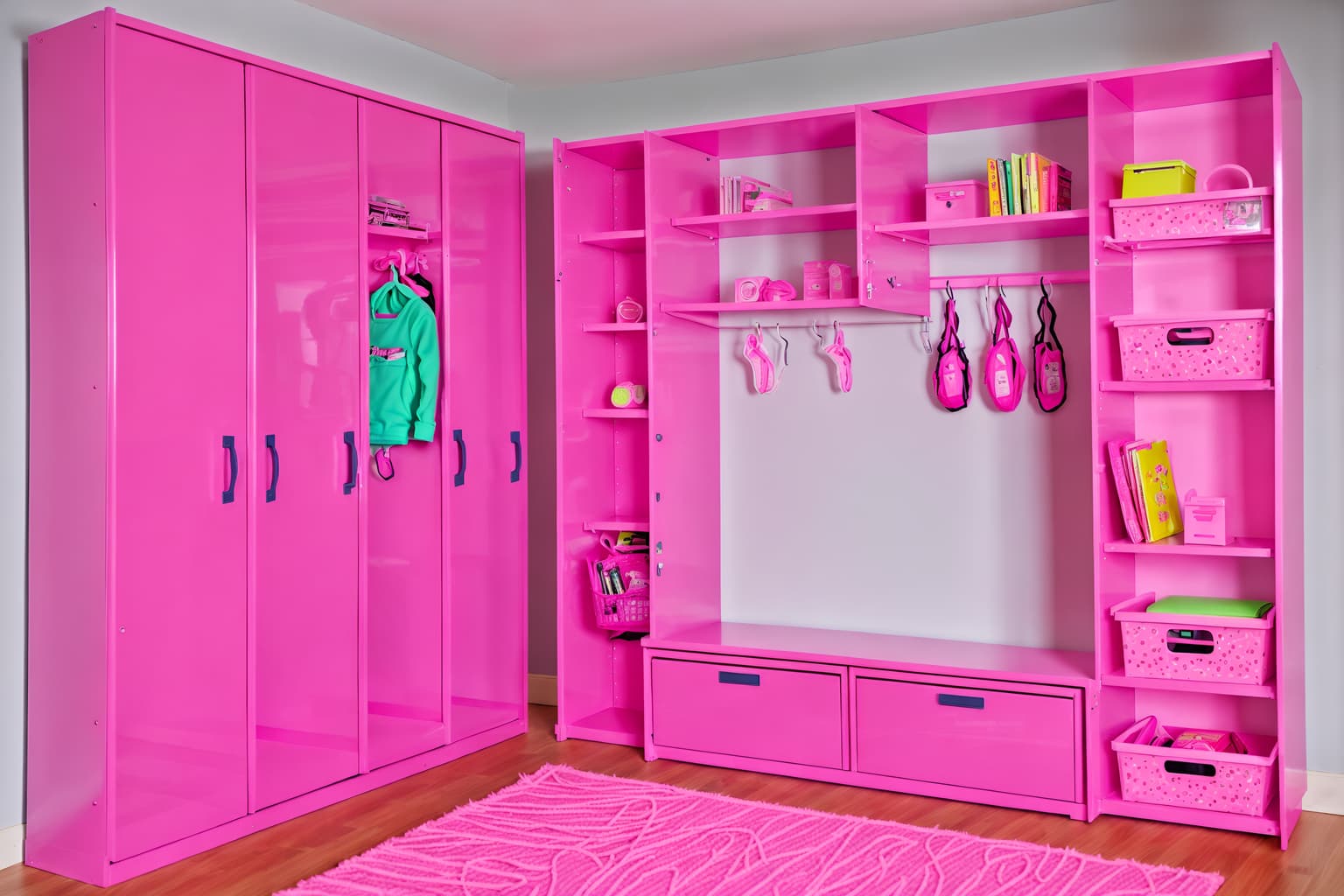 hot pink-style (drop zone interior) with shelves for shoes and lockers and a bench and high up storage and storage drawers and storage baskets and wall hooks for coats and cabinets. . with barbie plastic interior and hot pink barbie colors and hot pink barbie walls and barbie closet and barbie sofa and barbie bold rosy hues like fuchsia and magenta and barbie glitter and sparkle and barbie chairs. . cinematic photo, highly detailed, cinematic lighting, ultra-detailed, ultrarealistic, photorealism, 8k. hot pink interior design style. masterpiece, cinematic light, ultrarealistic+, photorealistic+, 8k, raw photo, realistic, sharp focus on eyes, (symmetrical eyes), (intact eyes), hyperrealistic, highest quality, best quality, , highly detailed, masterpiece, best quality, extremely detailed 8k wallpaper, masterpiece, best quality, ultra-detailed, best shadow, detailed background, detailed face, detailed eyes, high contrast, best illumination, detailed face, dulux, caustic, dynamic angle, detailed glow. dramatic lighting. highly detailed, insanely detailed hair, symmetrical, intricate details, professionally retouched, 8k high definition. strong bokeh. award winning photo.