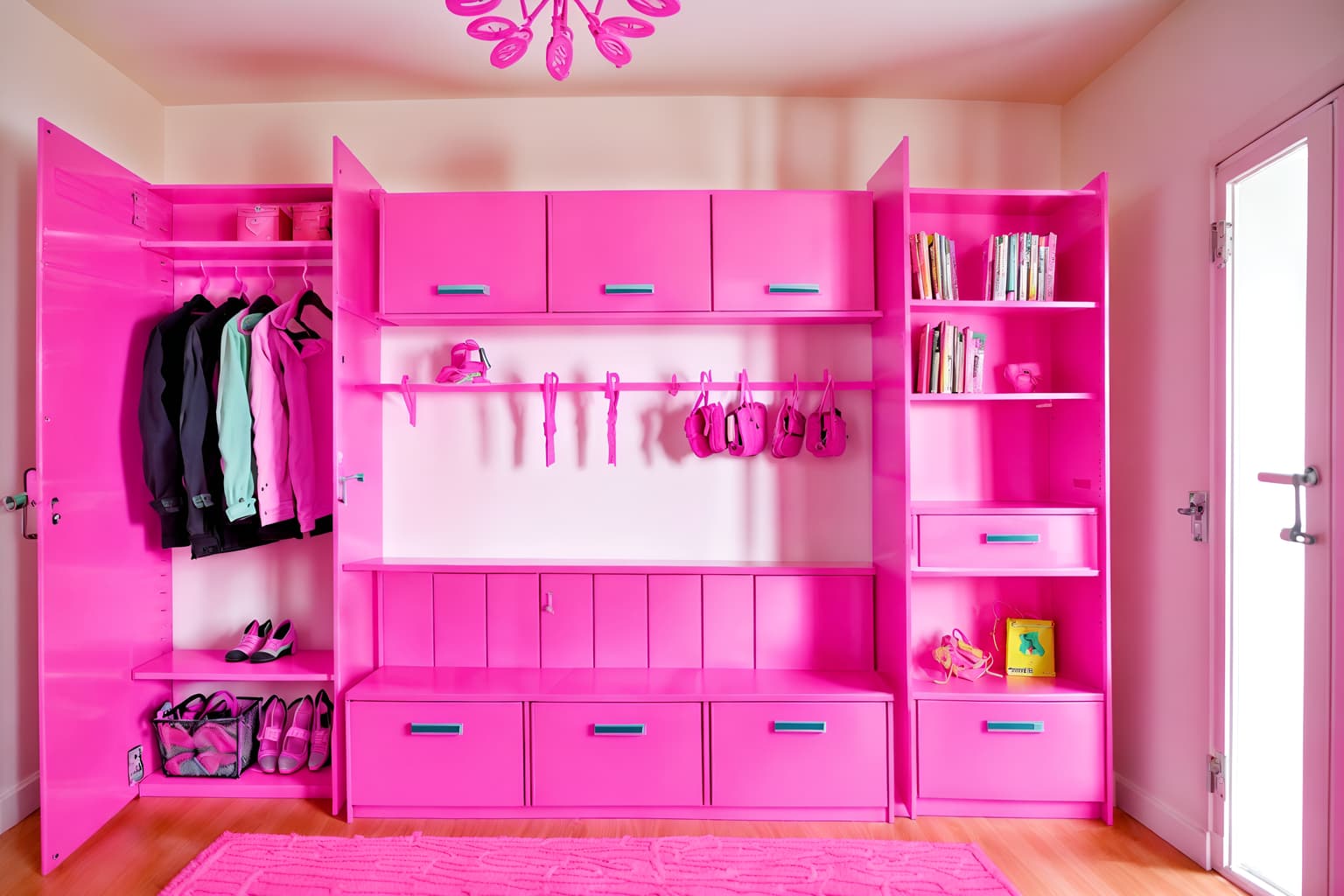 hot pink-style (drop zone interior) with shelves for shoes and lockers and a bench and high up storage and storage drawers and storage baskets and wall hooks for coats and cabinets. . with barbie plastic interior and hot pink barbie colors and hot pink barbie walls and barbie closet and barbie sofa and barbie bold rosy hues like fuchsia and magenta and barbie glitter and sparkle and barbie chairs. . cinematic photo, highly detailed, cinematic lighting, ultra-detailed, ultrarealistic, photorealism, 8k. hot pink interior design style. masterpiece, cinematic light, ultrarealistic+, photorealistic+, 8k, raw photo, realistic, sharp focus on eyes, (symmetrical eyes), (intact eyes), hyperrealistic, highest quality, best quality, , highly detailed, masterpiece, best quality, extremely detailed 8k wallpaper, masterpiece, best quality, ultra-detailed, best shadow, detailed background, detailed face, detailed eyes, high contrast, best illumination, detailed face, dulux, caustic, dynamic angle, detailed glow. dramatic lighting. highly detailed, insanely detailed hair, symmetrical, intricate details, professionally retouched, 8k high definition. strong bokeh. award winning photo.