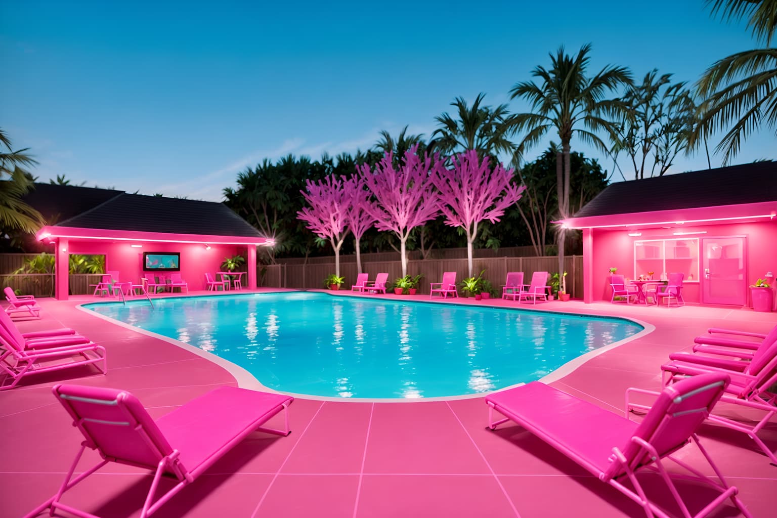 hot pink-style designed (outdoor pool area ) with pool lounge chairs and pool and pool lights and pool lounge chairs. . with barbie chairs and barbie style and barbie closet and hot pink barbie walls and barbie bold rosy hues like fuchsia and magenta and hot pink barbie colors and barbie plastic and barbie glitter and sparkle. . cinematic photo, highly detailed, cinematic lighting, ultra-detailed, ultrarealistic, photorealism, 8k. hot pink design style. masterpiece, cinematic light, ultrarealistic+, photorealistic+, 8k, raw photo, realistic, sharp focus on eyes, (symmetrical eyes), (intact eyes), hyperrealistic, highest quality, best quality, , highly detailed, masterpiece, best quality, extremely detailed 8k wallpaper, masterpiece, best quality, ultra-detailed, best shadow, detailed background, detailed face, detailed eyes, high contrast, best illumination, detailed face, dulux, caustic, dynamic angle, detailed glow. dramatic lighting. highly detailed, insanely detailed hair, symmetrical, intricate details, professionally retouched, 8k high definition. strong bokeh. award winning photo.