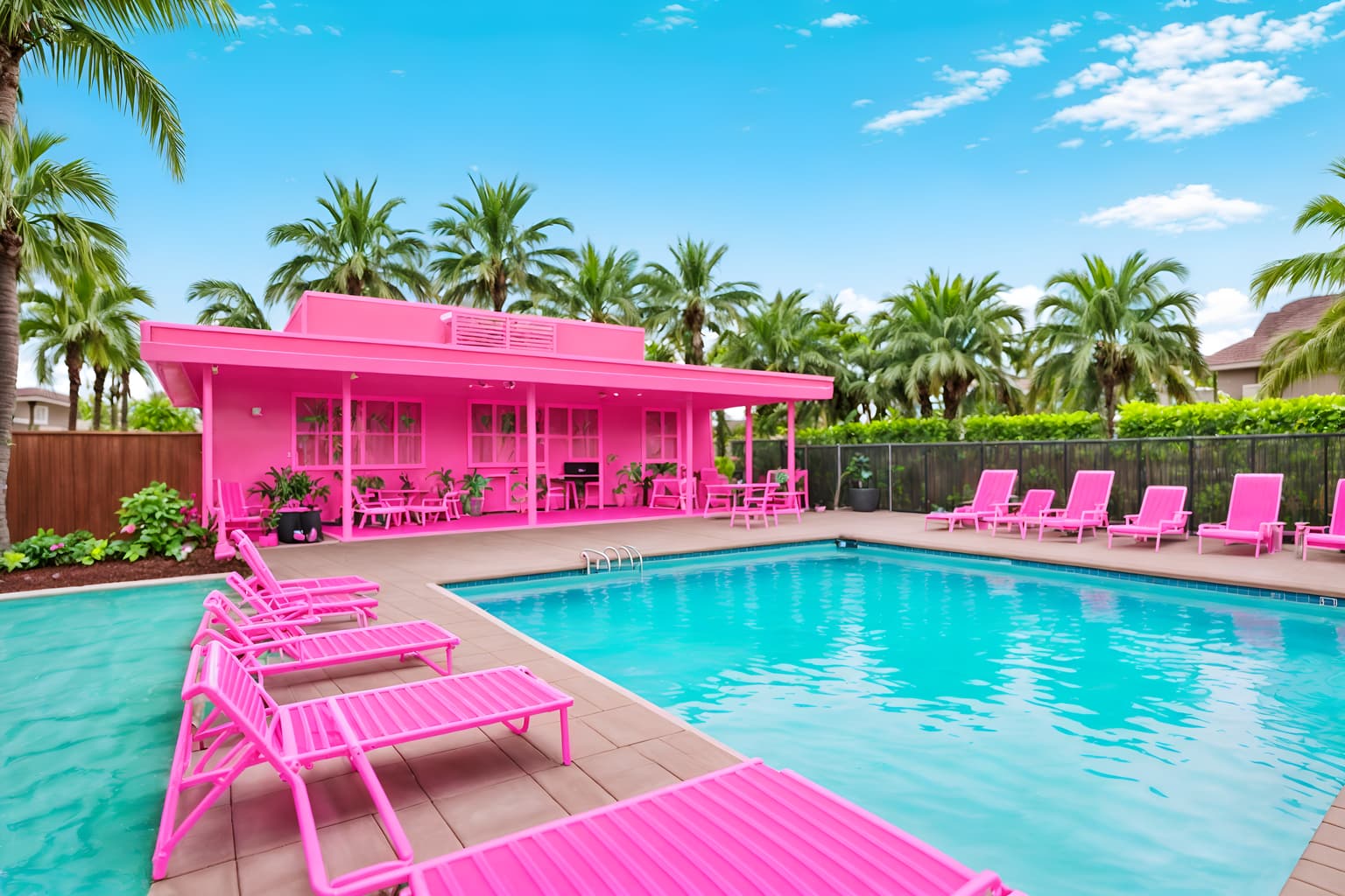 hot pink-style designed (outdoor pool area ) with pool lounge chairs and pool and pool lights and pool lounge chairs. . with barbie chairs and barbie style and barbie closet and hot pink barbie walls and barbie bold rosy hues like fuchsia and magenta and hot pink barbie colors and barbie plastic and barbie glitter and sparkle. . cinematic photo, highly detailed, cinematic lighting, ultra-detailed, ultrarealistic, photorealism, 8k. hot pink design style. masterpiece, cinematic light, ultrarealistic+, photorealistic+, 8k, raw photo, realistic, sharp focus on eyes, (symmetrical eyes), (intact eyes), hyperrealistic, highest quality, best quality, , highly detailed, masterpiece, best quality, extremely detailed 8k wallpaper, masterpiece, best quality, ultra-detailed, best shadow, detailed background, detailed face, detailed eyes, high contrast, best illumination, detailed face, dulux, caustic, dynamic angle, detailed glow. dramatic lighting. highly detailed, insanely detailed hair, symmetrical, intricate details, professionally retouched, 8k high definition. strong bokeh. award winning photo.