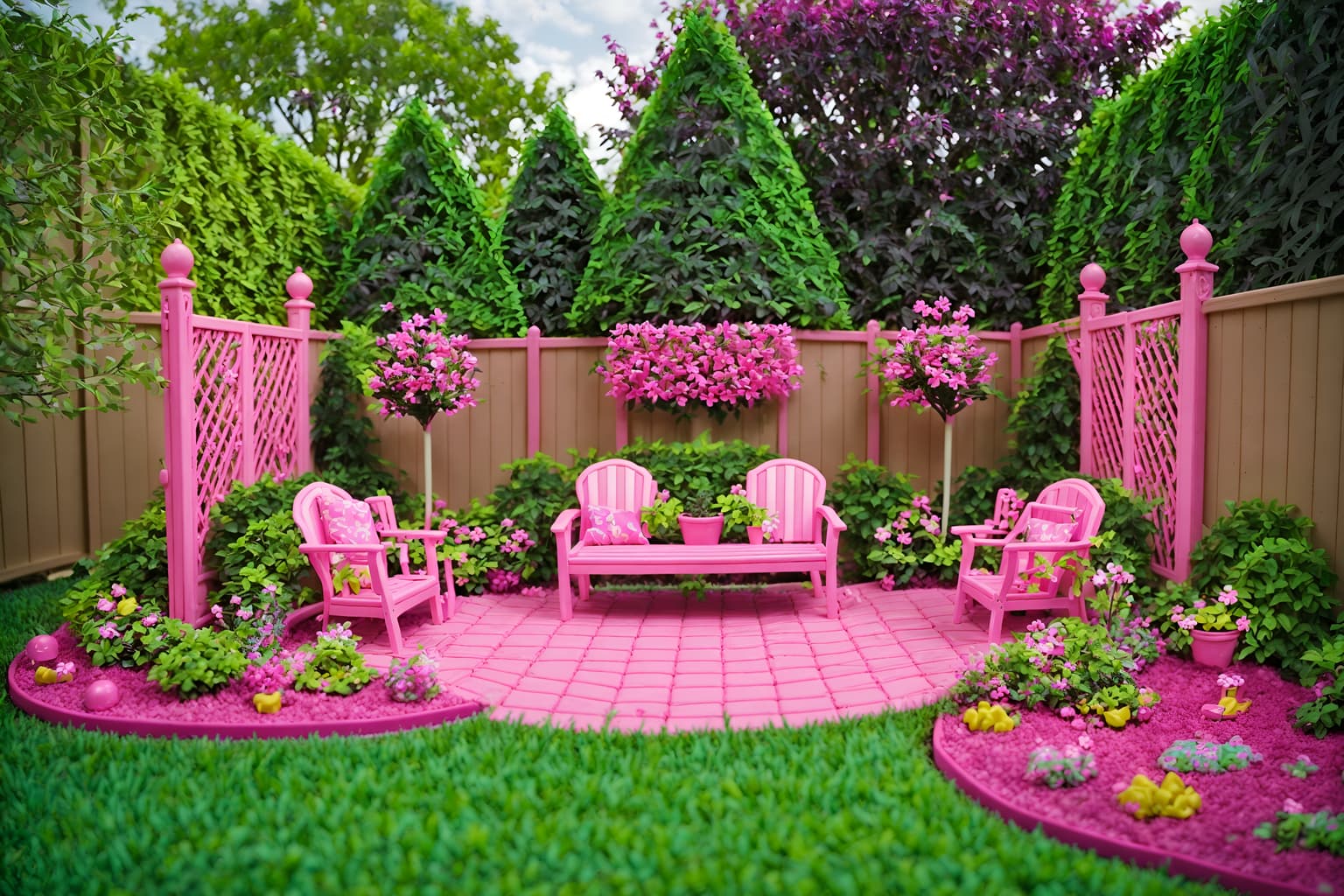 hot pink-style designed (outdoor garden ) with grass and garden tree and garden plants and grass. . with barbie plastic and hot pink barbie walls and barbie bold rosy hues like fuchsia and magenta and barbie sofa and barbie closet and barbie glitter and sparkle and barbie style and barbie chairs. . cinematic photo, highly detailed, cinematic lighting, ultra-detailed, ultrarealistic, photorealism, 8k. hot pink design style. masterpiece, cinematic light, ultrarealistic+, photorealistic+, 8k, raw photo, realistic, sharp focus on eyes, (symmetrical eyes), (intact eyes), hyperrealistic, highest quality, best quality, , highly detailed, masterpiece, best quality, extremely detailed 8k wallpaper, masterpiece, best quality, ultra-detailed, best shadow, detailed background, detailed face, detailed eyes, high contrast, best illumination, detailed face, dulux, caustic, dynamic angle, detailed glow. dramatic lighting. highly detailed, insanely detailed hair, symmetrical, intricate details, professionally retouched, 8k high definition. strong bokeh. award winning photo.