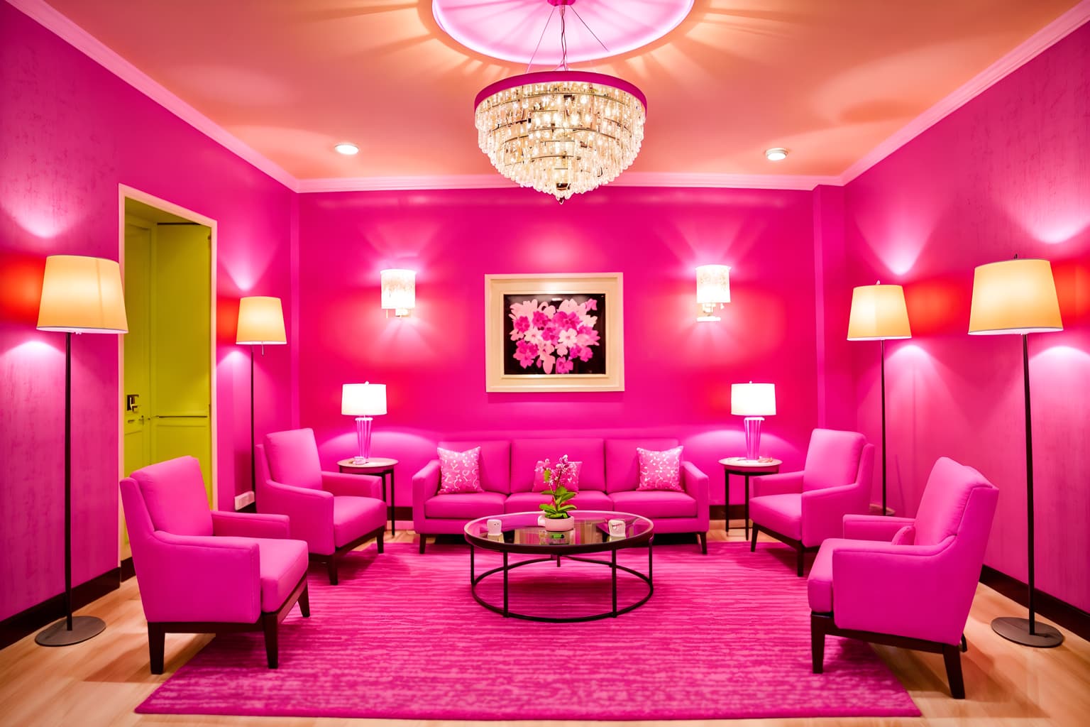hot pink-style (hotel lobby interior) with hanging lamps and furniture and coffee tables and lounge chairs and rug and check in desk and sofas and plant. . with barbie chairs and barbie bold rosy hues like fuchsia and magenta and barbie glitter and sparkle and hot pink barbie walls and barbie plastic interior and barbie sofa and hot pink barbie colors and barbie style interior. . cinematic photo, highly detailed, cinematic lighting, ultra-detailed, ultrarealistic, photorealism, 8k. hot pink interior design style. masterpiece, cinematic light, ultrarealistic+, photorealistic+, 8k, raw photo, realistic, sharp focus on eyes, (symmetrical eyes), (intact eyes), hyperrealistic, highest quality, best quality, , highly detailed, masterpiece, best quality, extremely detailed 8k wallpaper, masterpiece, best quality, ultra-detailed, best shadow, detailed background, detailed face, detailed eyes, high contrast, best illumination, detailed face, dulux, caustic, dynamic angle, detailed glow. dramatic lighting. highly detailed, insanely detailed hair, symmetrical, intricate details, professionally retouched, 8k high definition. strong bokeh. award winning photo.