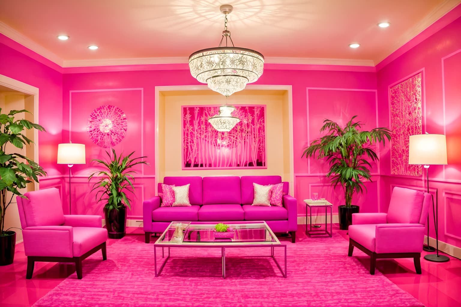 hot pink-style (hotel lobby interior) with hanging lamps and furniture and coffee tables and lounge chairs and rug and check in desk and sofas and plant. . with barbie chairs and barbie bold rosy hues like fuchsia and magenta and barbie glitter and sparkle and hot pink barbie walls and barbie plastic interior and barbie sofa and hot pink barbie colors and barbie style interior. . cinematic photo, highly detailed, cinematic lighting, ultra-detailed, ultrarealistic, photorealism, 8k. hot pink interior design style. masterpiece, cinematic light, ultrarealistic+, photorealistic+, 8k, raw photo, realistic, sharp focus on eyes, (symmetrical eyes), (intact eyes), hyperrealistic, highest quality, best quality, , highly detailed, masterpiece, best quality, extremely detailed 8k wallpaper, masterpiece, best quality, ultra-detailed, best shadow, detailed background, detailed face, detailed eyes, high contrast, best illumination, detailed face, dulux, caustic, dynamic angle, detailed glow. dramatic lighting. highly detailed, insanely detailed hair, symmetrical, intricate details, professionally retouched, 8k high definition. strong bokeh. award winning photo.