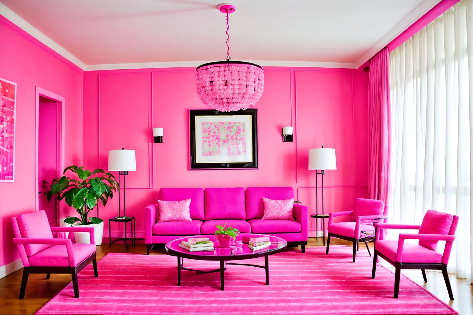 hot pink-style (hotel lobby interior) with hanging lamps and furniture and coffee tables and lounge chairs and rug and check in desk and sofas and plant. . with barbie chairs and barbie bold rosy hues like fuchsia and magenta and barbie glitter and sparkle and hot pink barbie walls and barbie plastic interior and barbie sofa and hot pink barbie colors and barbie style interior. . cinematic photo, highly detailed, cinematic lighting, ultra-detailed, ultrarealistic, photorealism, 8k. hot pink interior design style. masterpiece, cinematic light, ultrarealistic+, photorealistic+, 8k, raw photo, realistic, sharp focus on eyes, (symmetrical eyes), (intact eyes), hyperrealistic, highest quality, best quality, , highly detailed, masterpiece, best quality, extremely detailed 8k wallpaper, masterpiece, best quality, ultra-detailed, best shadow, detailed background, detailed face, detailed eyes, high contrast, best illumination, detailed face, dulux, caustic, dynamic angle, detailed glow. dramatic lighting. highly detailed, insanely detailed hair, symmetrical, intricate details, professionally retouched, 8k high definition. strong bokeh. award winning photo.