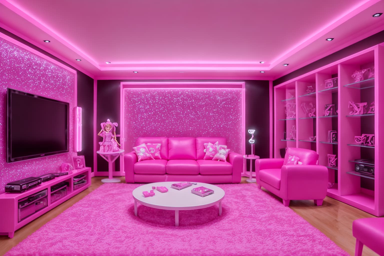 hot pink-style (gaming room interior) . with barbie glitter and sparkle and barbie bold rosy hues like fuchsia and magenta and hot pink barbie colors and barbie sofa and barbie style interior and barbie closet and barbie chairs and barbie plastic interior. . cinematic photo, highly detailed, cinematic lighting, ultra-detailed, ultrarealistic, photorealism, 8k. hot pink interior design style. masterpiece, cinematic light, ultrarealistic+, photorealistic+, 8k, raw photo, realistic, sharp focus on eyes, (symmetrical eyes), (intact eyes), hyperrealistic, highest quality, best quality, , highly detailed, masterpiece, best quality, extremely detailed 8k wallpaper, masterpiece, best quality, ultra-detailed, best shadow, detailed background, detailed face, detailed eyes, high contrast, best illumination, detailed face, dulux, caustic, dynamic angle, detailed glow. dramatic lighting. highly detailed, insanely detailed hair, symmetrical, intricate details, professionally retouched, 8k high definition. strong bokeh. award winning photo.