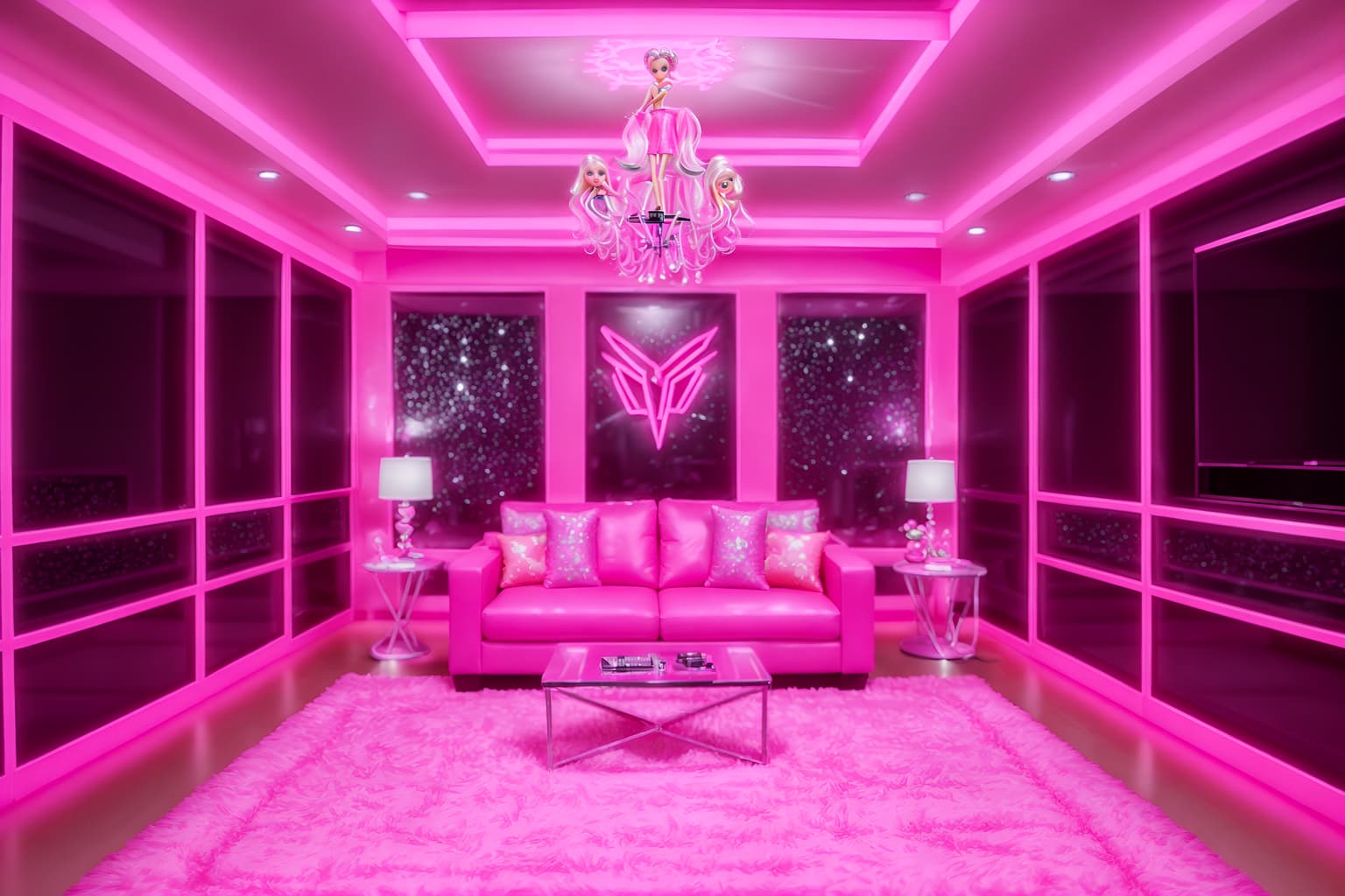hot pink-style (gaming room interior) . with barbie glitter and sparkle and barbie bold rosy hues like fuchsia and magenta and hot pink barbie colors and barbie sofa and barbie style interior and barbie closet and barbie chairs and barbie plastic interior. . cinematic photo, highly detailed, cinematic lighting, ultra-detailed, ultrarealistic, photorealism, 8k. hot pink interior design style. masterpiece, cinematic light, ultrarealistic+, photorealistic+, 8k, raw photo, realistic, sharp focus on eyes, (symmetrical eyes), (intact eyes), hyperrealistic, highest quality, best quality, , highly detailed, masterpiece, best quality, extremely detailed 8k wallpaper, masterpiece, best quality, ultra-detailed, best shadow, detailed background, detailed face, detailed eyes, high contrast, best illumination, detailed face, dulux, caustic, dynamic angle, detailed glow. dramatic lighting. highly detailed, insanely detailed hair, symmetrical, intricate details, professionally retouched, 8k high definition. strong bokeh. award winning photo.