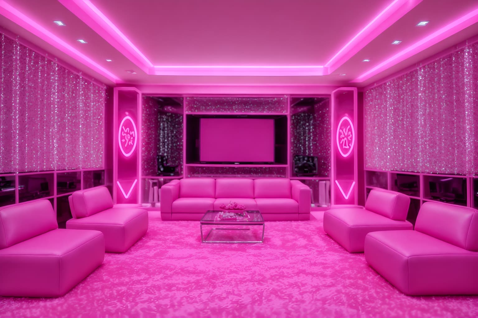 hot pink-style (gaming room interior) . with barbie glitter and sparkle and barbie bold rosy hues like fuchsia and magenta and hot pink barbie colors and barbie sofa and barbie style interior and barbie closet and barbie chairs and barbie plastic interior. . cinematic photo, highly detailed, cinematic lighting, ultra-detailed, ultrarealistic, photorealism, 8k. hot pink interior design style. masterpiece, cinematic light, ultrarealistic+, photorealistic+, 8k, raw photo, realistic, sharp focus on eyes, (symmetrical eyes), (intact eyes), hyperrealistic, highest quality, best quality, , highly detailed, masterpiece, best quality, extremely detailed 8k wallpaper, masterpiece, best quality, ultra-detailed, best shadow, detailed background, detailed face, detailed eyes, high contrast, best illumination, detailed face, dulux, caustic, dynamic angle, detailed glow. dramatic lighting. highly detailed, insanely detailed hair, symmetrical, intricate details, professionally retouched, 8k high definition. strong bokeh. award winning photo.