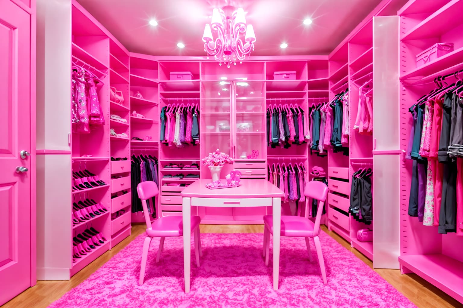 hot pink-style (walk in closet interior) . with barbie chairs and barbie sofa and barbie style interior and barbie glitter and sparkle and barbie closet and hot pink barbie colors and barbie plastic interior and barbie bold rosy hues like fuchsia and magenta. . cinematic photo, highly detailed, cinematic lighting, ultra-detailed, ultrarealistic, photorealism, 8k. hot pink interior design style. masterpiece, cinematic light, ultrarealistic+, photorealistic+, 8k, raw photo, realistic, sharp focus on eyes, (symmetrical eyes), (intact eyes), hyperrealistic, highest quality, best quality, , highly detailed, masterpiece, best quality, extremely detailed 8k wallpaper, masterpiece, best quality, ultra-detailed, best shadow, detailed background, detailed face, detailed eyes, high contrast, best illumination, detailed face, dulux, caustic, dynamic angle, detailed glow. dramatic lighting. highly detailed, insanely detailed hair, symmetrical, intricate details, professionally retouched, 8k high definition. strong bokeh. award winning photo.
