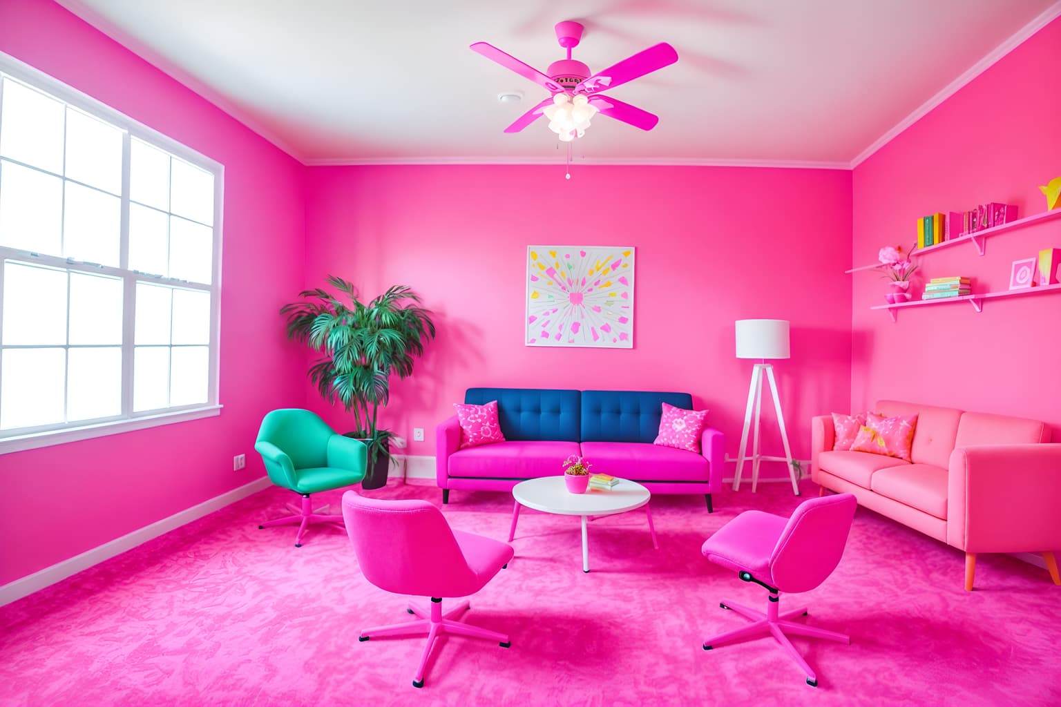 hot pink-style (coworking space interior) with office chairs and lounge chairs and office desks and seating area with sofa and office chairs. . with barbie sofa and barbie plastic interior and barbie chairs and barbie bold rosy hues like fuchsia and magenta and barbie closet and hot pink barbie colors and barbie glitter and sparkle and hot pink barbie walls. . cinematic photo, highly detailed, cinematic lighting, ultra-detailed, ultrarealistic, photorealism, 8k. hot pink interior design style. masterpiece, cinematic light, ultrarealistic+, photorealistic+, 8k, raw photo, realistic, sharp focus on eyes, (symmetrical eyes), (intact eyes), hyperrealistic, highest quality, best quality, , highly detailed, masterpiece, best quality, extremely detailed 8k wallpaper, masterpiece, best quality, ultra-detailed, best shadow, detailed background, detailed face, detailed eyes, high contrast, best illumination, detailed face, dulux, caustic, dynamic angle, detailed glow. dramatic lighting. highly detailed, insanely detailed hair, symmetrical, intricate details, professionally retouched, 8k high definition. strong bokeh. award winning photo.