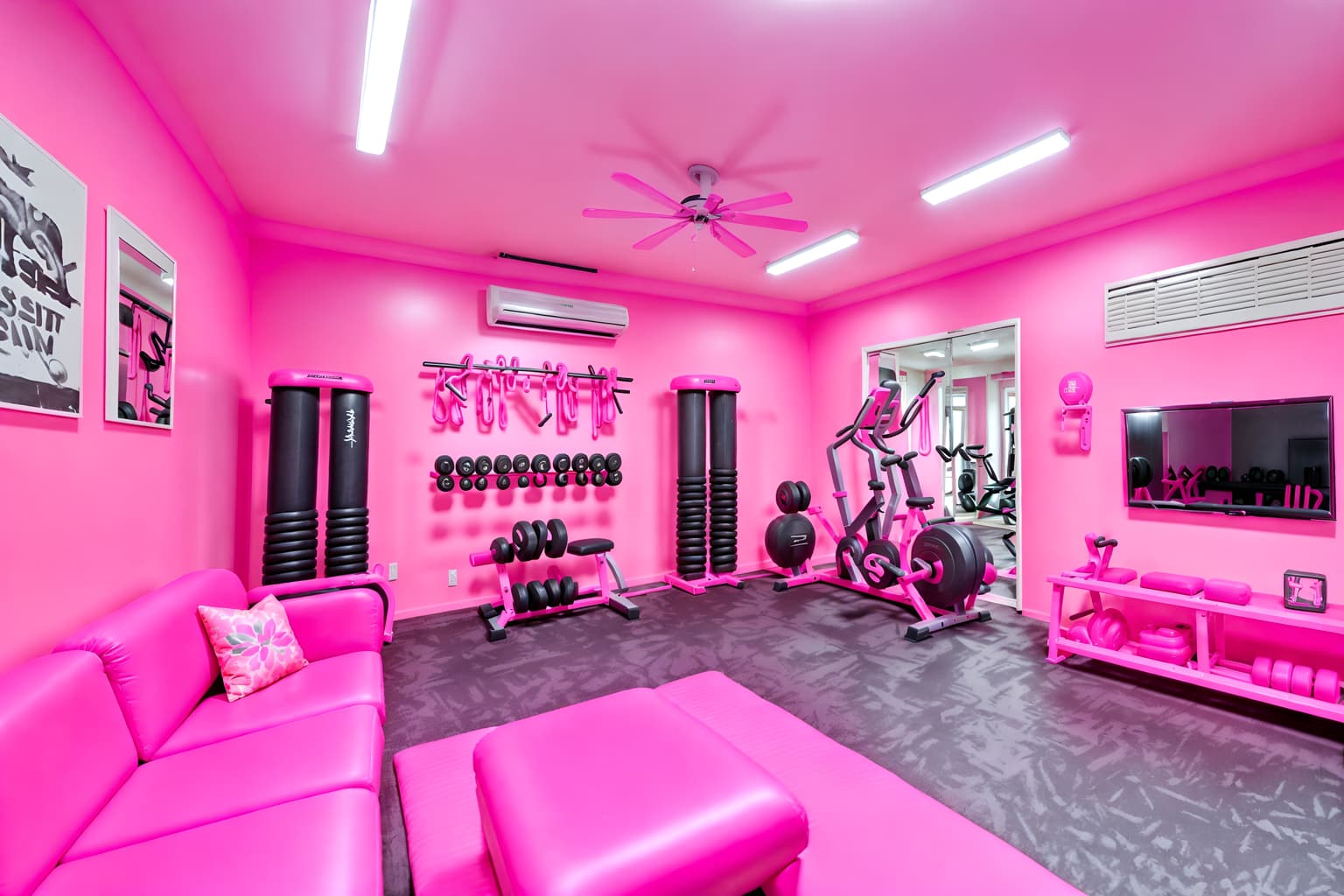 hot pink-style (fitness gym interior) with dumbbell stand and exercise bicycle and squat rack and bench press and crosstrainer and dumbbell stand. . with barbie style interior and hot pink barbie walls and barbie sofa and hot pink barbie colors and barbie plastic interior and barbie bold rosy hues like fuchsia and magenta and barbie chairs and barbie closet. . cinematic photo, highly detailed, cinematic lighting, ultra-detailed, ultrarealistic, photorealism, 8k. hot pink interior design style. masterpiece, cinematic light, ultrarealistic+, photorealistic+, 8k, raw photo, realistic, sharp focus on eyes, (symmetrical eyes), (intact eyes), hyperrealistic, highest quality, best quality, , highly detailed, masterpiece, best quality, extremely detailed 8k wallpaper, masterpiece, best quality, ultra-detailed, best shadow, detailed background, detailed face, detailed eyes, high contrast, best illumination, detailed face, dulux, caustic, dynamic angle, detailed glow. dramatic lighting. highly detailed, insanely detailed hair, symmetrical, intricate details, professionally retouched, 8k high definition. strong bokeh. award winning photo.