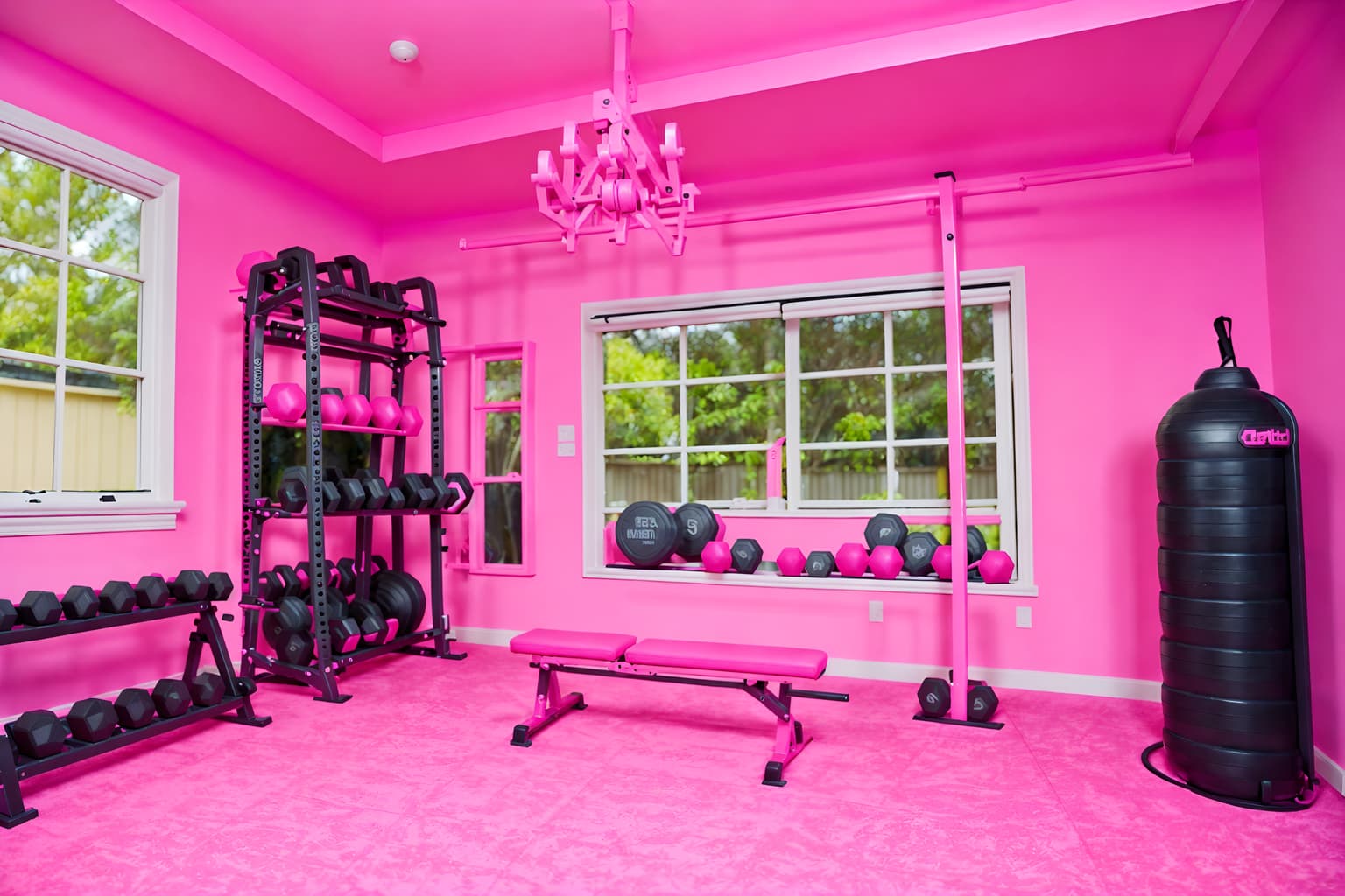 hot pink-style (fitness gym interior) with dumbbell stand and exercise bicycle and squat rack and bench press and crosstrainer and dumbbell stand. . with barbie style interior and hot pink barbie walls and barbie sofa and hot pink barbie colors and barbie plastic interior and barbie bold rosy hues like fuchsia and magenta and barbie chairs and barbie closet. . cinematic photo, highly detailed, cinematic lighting, ultra-detailed, ultrarealistic, photorealism, 8k. hot pink interior design style. masterpiece, cinematic light, ultrarealistic+, photorealistic+, 8k, raw photo, realistic, sharp focus on eyes, (symmetrical eyes), (intact eyes), hyperrealistic, highest quality, best quality, , highly detailed, masterpiece, best quality, extremely detailed 8k wallpaper, masterpiece, best quality, ultra-detailed, best shadow, detailed background, detailed face, detailed eyes, high contrast, best illumination, detailed face, dulux, caustic, dynamic angle, detailed glow. dramatic lighting. highly detailed, insanely detailed hair, symmetrical, intricate details, professionally retouched, 8k high definition. strong bokeh. award winning photo.