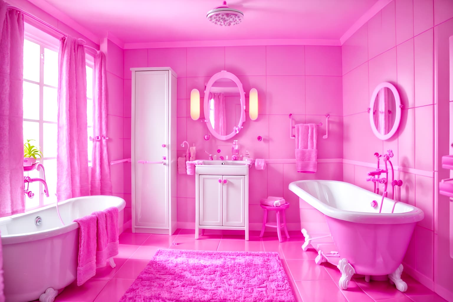 hot pink-style (bathroom interior) with toilet seat and bathroom cabinet and waste basket and shower and bath towel and bathtub and mirror and plant. . with barbie sofa and barbie chairs and barbie closet and hot pink barbie colors and barbie plastic interior and barbie style interior and barbie bold rosy hues like fuchsia and magenta and barbie glitter and sparkle. . cinematic photo, highly detailed, cinematic lighting, ultra-detailed, ultrarealistic, photorealism, 8k. hot pink interior design style. masterpiece, cinematic light, ultrarealistic+, photorealistic+, 8k, raw photo, realistic, sharp focus on eyes, (symmetrical eyes), (intact eyes), hyperrealistic, highest quality, best quality, , highly detailed, masterpiece, best quality, extremely detailed 8k wallpaper, masterpiece, best quality, ultra-detailed, best shadow, detailed background, detailed face, detailed eyes, high contrast, best illumination, detailed face, dulux, caustic, dynamic angle, detailed glow. dramatic lighting. highly detailed, insanely detailed hair, symmetrical, intricate details, professionally retouched, 8k high definition. strong bokeh. award winning photo.