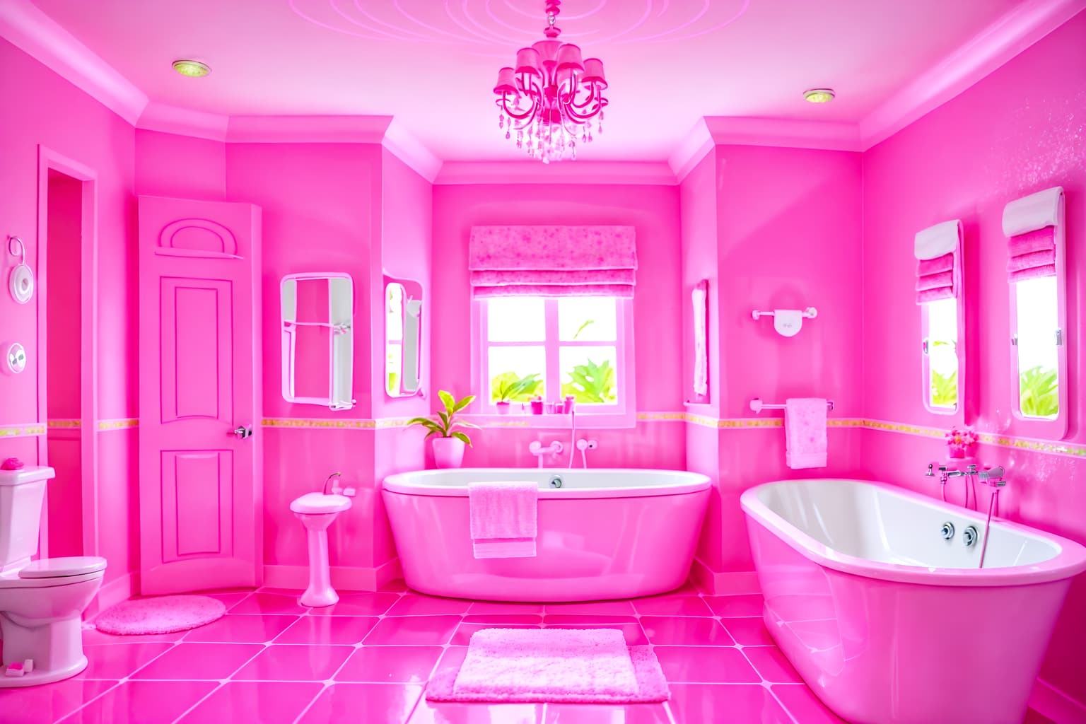 hot pink-style (bathroom interior) with toilet seat and bathroom cabinet and waste basket and shower and bath towel and bathtub and mirror and plant. . with barbie sofa and barbie chairs and barbie closet and hot pink barbie colors and barbie plastic interior and barbie style interior and barbie bold rosy hues like fuchsia and magenta and barbie glitter and sparkle. . cinematic photo, highly detailed, cinematic lighting, ultra-detailed, ultrarealistic, photorealism, 8k. hot pink interior design style. masterpiece, cinematic light, ultrarealistic+, photorealistic+, 8k, raw photo, realistic, sharp focus on eyes, (symmetrical eyes), (intact eyes), hyperrealistic, highest quality, best quality, , highly detailed, masterpiece, best quality, extremely detailed 8k wallpaper, masterpiece, best quality, ultra-detailed, best shadow, detailed background, detailed face, detailed eyes, high contrast, best illumination, detailed face, dulux, caustic, dynamic angle, detailed glow. dramatic lighting. highly detailed, insanely detailed hair, symmetrical, intricate details, professionally retouched, 8k high definition. strong bokeh. award winning photo.