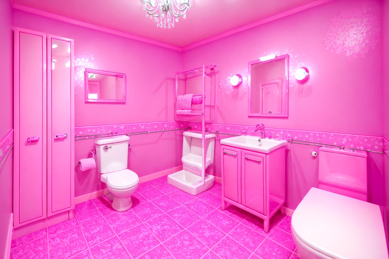 hot pink-style (bathroom interior) with toilet seat and bathroom cabinet and waste basket and shower and bath towel and bathtub and mirror and plant. . with barbie sofa and barbie chairs and barbie closet and hot pink barbie colors and barbie plastic interior and barbie style interior and barbie bold rosy hues like fuchsia and magenta and barbie glitter and sparkle. . cinematic photo, highly detailed, cinematic lighting, ultra-detailed, ultrarealistic, photorealism, 8k. hot pink interior design style. masterpiece, cinematic light, ultrarealistic+, photorealistic+, 8k, raw photo, realistic, sharp focus on eyes, (symmetrical eyes), (intact eyes), hyperrealistic, highest quality, best quality, , highly detailed, masterpiece, best quality, extremely detailed 8k wallpaper, masterpiece, best quality, ultra-detailed, best shadow, detailed background, detailed face, detailed eyes, high contrast, best illumination, detailed face, dulux, caustic, dynamic angle, detailed glow. dramatic lighting. highly detailed, insanely detailed hair, symmetrical, intricate details, professionally retouched, 8k high definition. strong bokeh. award winning photo.