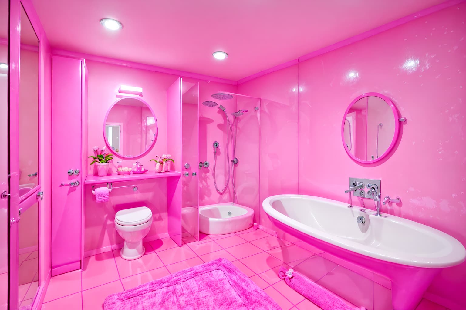 hot pink-style (bathroom interior) with toilet seat and bathroom cabinet and waste basket and shower and bath towel and bathtub and mirror and plant. . with barbie sofa and barbie chairs and barbie closet and hot pink barbie colors and barbie plastic interior and barbie style interior and barbie bold rosy hues like fuchsia and magenta and barbie glitter and sparkle. . cinematic photo, highly detailed, cinematic lighting, ultra-detailed, ultrarealistic, photorealism, 8k. hot pink interior design style. masterpiece, cinematic light, ultrarealistic+, photorealistic+, 8k, raw photo, realistic, sharp focus on eyes, (symmetrical eyes), (intact eyes), hyperrealistic, highest quality, best quality, , highly detailed, masterpiece, best quality, extremely detailed 8k wallpaper, masterpiece, best quality, ultra-detailed, best shadow, detailed background, detailed face, detailed eyes, high contrast, best illumination, detailed face, dulux, caustic, dynamic angle, detailed glow. dramatic lighting. highly detailed, insanely detailed hair, symmetrical, intricate details, professionally retouched, 8k high definition. strong bokeh. award winning photo.