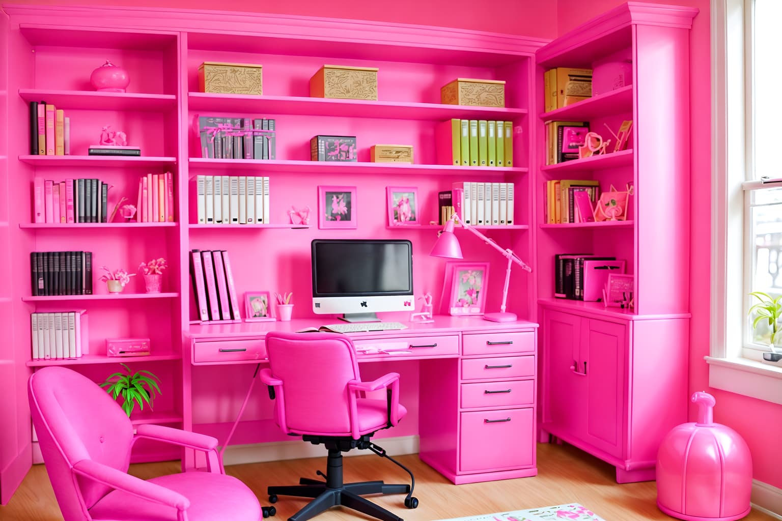 hot pink-style (study room interior) with plant and bookshelves and lounge chair and cabinets and office chair and writing desk and desk lamp and plant. . with barbie sofa and barbie bold rosy hues like fuchsia and magenta and barbie glitter and sparkle and barbie plastic interior and hot pink barbie walls and barbie chairs and hot pink barbie colors and barbie closet. . cinematic photo, highly detailed, cinematic lighting, ultra-detailed, ultrarealistic, photorealism, 8k. hot pink interior design style. masterpiece, cinematic light, ultrarealistic+, photorealistic+, 8k, raw photo, realistic, sharp focus on eyes, (symmetrical eyes), (intact eyes), hyperrealistic, highest quality, best quality, , highly detailed, masterpiece, best quality, extremely detailed 8k wallpaper, masterpiece, best quality, ultra-detailed, best shadow, detailed background, detailed face, detailed eyes, high contrast, best illumination, detailed face, dulux, caustic, dynamic angle, detailed glow. dramatic lighting. highly detailed, insanely detailed hair, symmetrical, intricate details, professionally retouched, 8k high definition. strong bokeh. award winning photo.