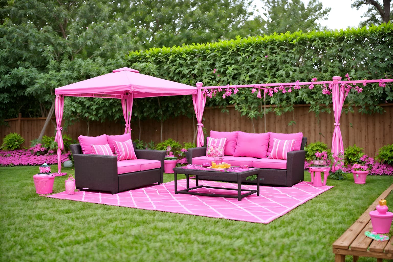 hot pink-style designed (outdoor patio ) with patio couch with pillows and deck with deck chairs and grass and plant and barbeque or grill and patio couch with pillows. . with barbie closet and barbie style and hot pink barbie colors and barbie plastic and barbie glitter and sparkle and hot pink barbie walls and barbie sofa and barbie bold rosy hues like fuchsia and magenta. . cinematic photo, highly detailed, cinematic lighting, ultra-detailed, ultrarealistic, photorealism, 8k. hot pink design style. masterpiece, cinematic light, ultrarealistic+, photorealistic+, 8k, raw photo, realistic, sharp focus on eyes, (symmetrical eyes), (intact eyes), hyperrealistic, highest quality, best quality, , highly detailed, masterpiece, best quality, extremely detailed 8k wallpaper, masterpiece, best quality, ultra-detailed, best shadow, detailed background, detailed face, detailed eyes, high contrast, best illumination, detailed face, dulux, caustic, dynamic angle, detailed glow. dramatic lighting. highly detailed, insanely detailed hair, symmetrical, intricate details, professionally retouched, 8k high definition. strong bokeh. award winning photo.