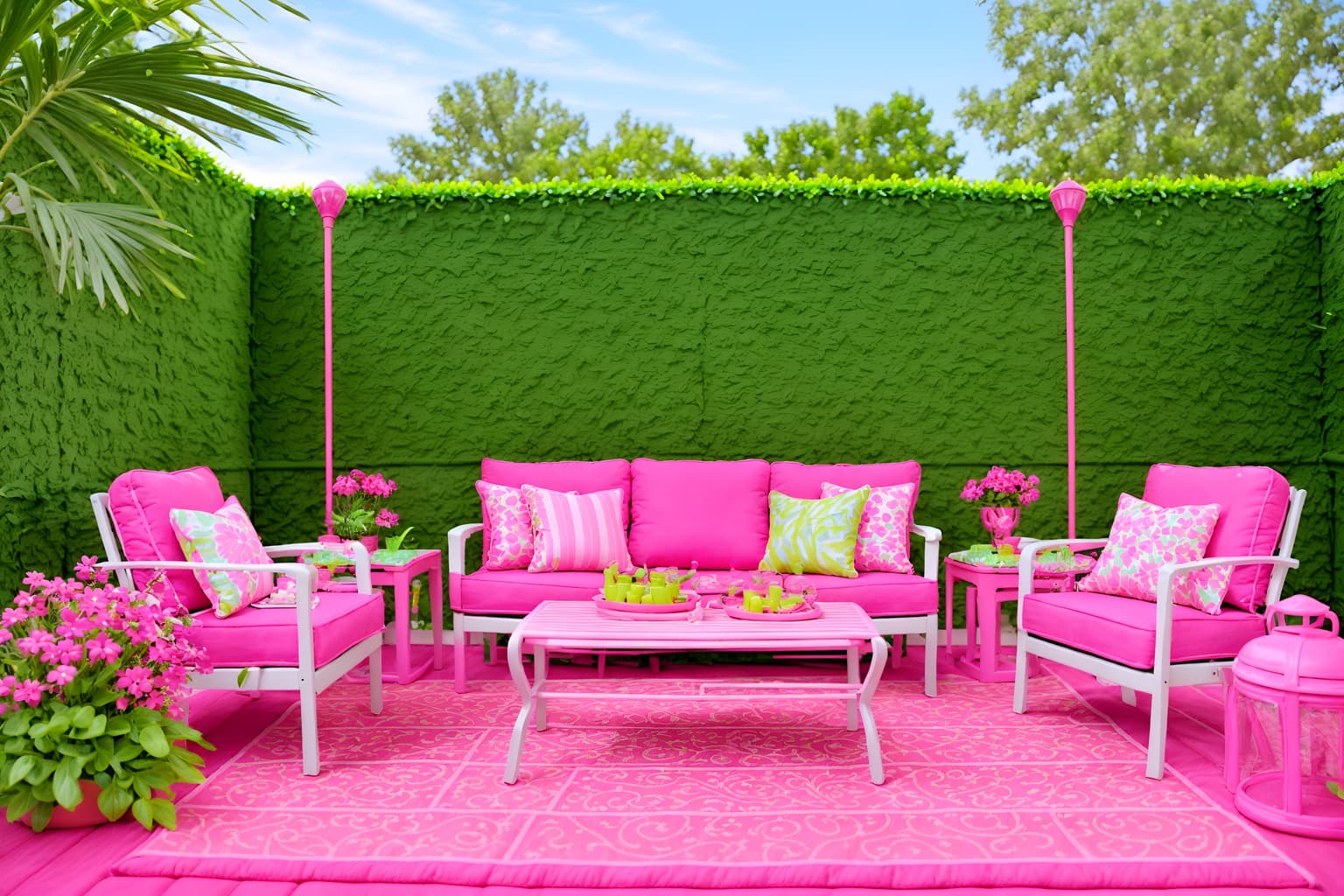 hot pink-style designed (outdoor patio ) with patio couch with pillows and deck with deck chairs and grass and plant and barbeque or grill and patio couch with pillows. . with barbie closet and barbie style and hot pink barbie colors and barbie plastic and barbie glitter and sparkle and hot pink barbie walls and barbie sofa and barbie bold rosy hues like fuchsia and magenta. . cinematic photo, highly detailed, cinematic lighting, ultra-detailed, ultrarealistic, photorealism, 8k. hot pink design style. masterpiece, cinematic light, ultrarealistic+, photorealistic+, 8k, raw photo, realistic, sharp focus on eyes, (symmetrical eyes), (intact eyes), hyperrealistic, highest quality, best quality, , highly detailed, masterpiece, best quality, extremely detailed 8k wallpaper, masterpiece, best quality, ultra-detailed, best shadow, detailed background, detailed face, detailed eyes, high contrast, best illumination, detailed face, dulux, caustic, dynamic angle, detailed glow. dramatic lighting. highly detailed, insanely detailed hair, symmetrical, intricate details, professionally retouched, 8k high definition. strong bokeh. award winning photo.