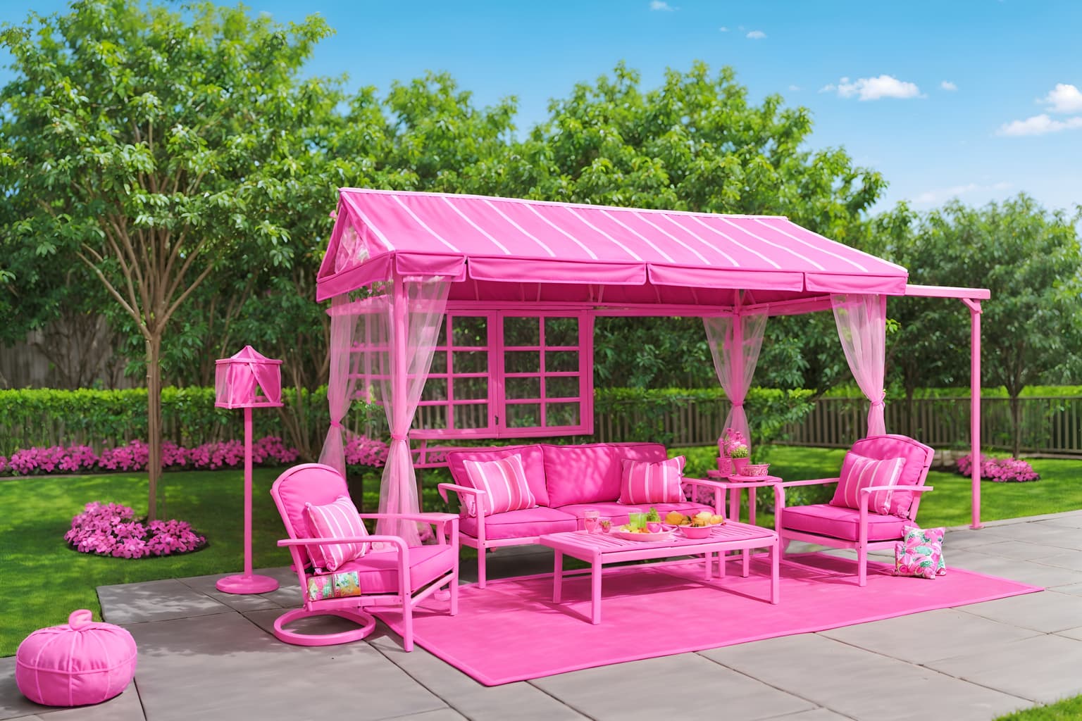 hot pink-style designed (outdoor patio ) with patio couch with pillows and deck with deck chairs and grass and plant and barbeque or grill and patio couch with pillows. . with barbie closet and barbie style and hot pink barbie colors and barbie plastic and barbie glitter and sparkle and hot pink barbie walls and barbie sofa and barbie bold rosy hues like fuchsia and magenta. . cinematic photo, highly detailed, cinematic lighting, ultra-detailed, ultrarealistic, photorealism, 8k. hot pink design style. masterpiece, cinematic light, ultrarealistic+, photorealistic+, 8k, raw photo, realistic, sharp focus on eyes, (symmetrical eyes), (intact eyes), hyperrealistic, highest quality, best quality, , highly detailed, masterpiece, best quality, extremely detailed 8k wallpaper, masterpiece, best quality, ultra-detailed, best shadow, detailed background, detailed face, detailed eyes, high contrast, best illumination, detailed face, dulux, caustic, dynamic angle, detailed glow. dramatic lighting. highly detailed, insanely detailed hair, symmetrical, intricate details, professionally retouched, 8k high definition. strong bokeh. award winning photo.