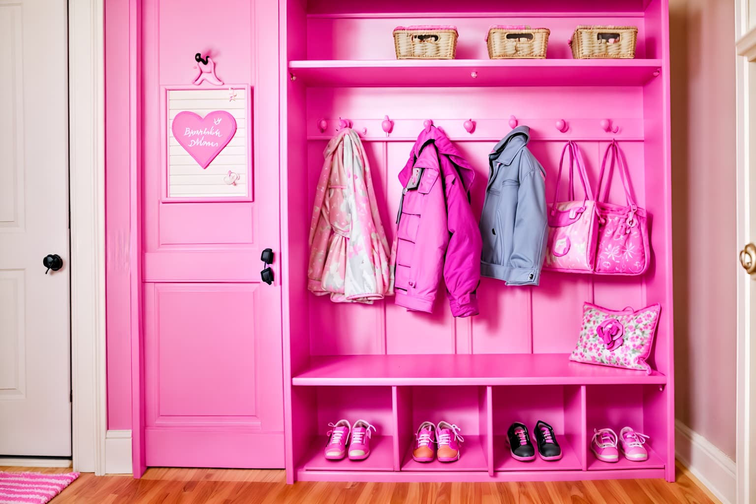 hot pink-style (mudroom interior) with a bench and shelves for shoes and storage drawers and wall hooks for coats and high up storage and cubbies and cabinets and storage baskets. . with hot pink barbie colors and barbie closet and barbie glitter and sparkle and barbie chairs and barbie plastic interior and barbie bold rosy hues like fuchsia and magenta and barbie sofa and barbie style interior. . cinematic photo, highly detailed, cinematic lighting, ultra-detailed, ultrarealistic, photorealism, 8k. hot pink interior design style. masterpiece, cinematic light, ultrarealistic+, photorealistic+, 8k, raw photo, realistic, sharp focus on eyes, (symmetrical eyes), (intact eyes), hyperrealistic, highest quality, best quality, , highly detailed, masterpiece, best quality, extremely detailed 8k wallpaper, masterpiece, best quality, ultra-detailed, best shadow, detailed background, detailed face, detailed eyes, high contrast, best illumination, detailed face, dulux, caustic, dynamic angle, detailed glow. dramatic lighting. highly detailed, insanely detailed hair, symmetrical, intricate details, professionally retouched, 8k high definition. strong bokeh. award winning photo.