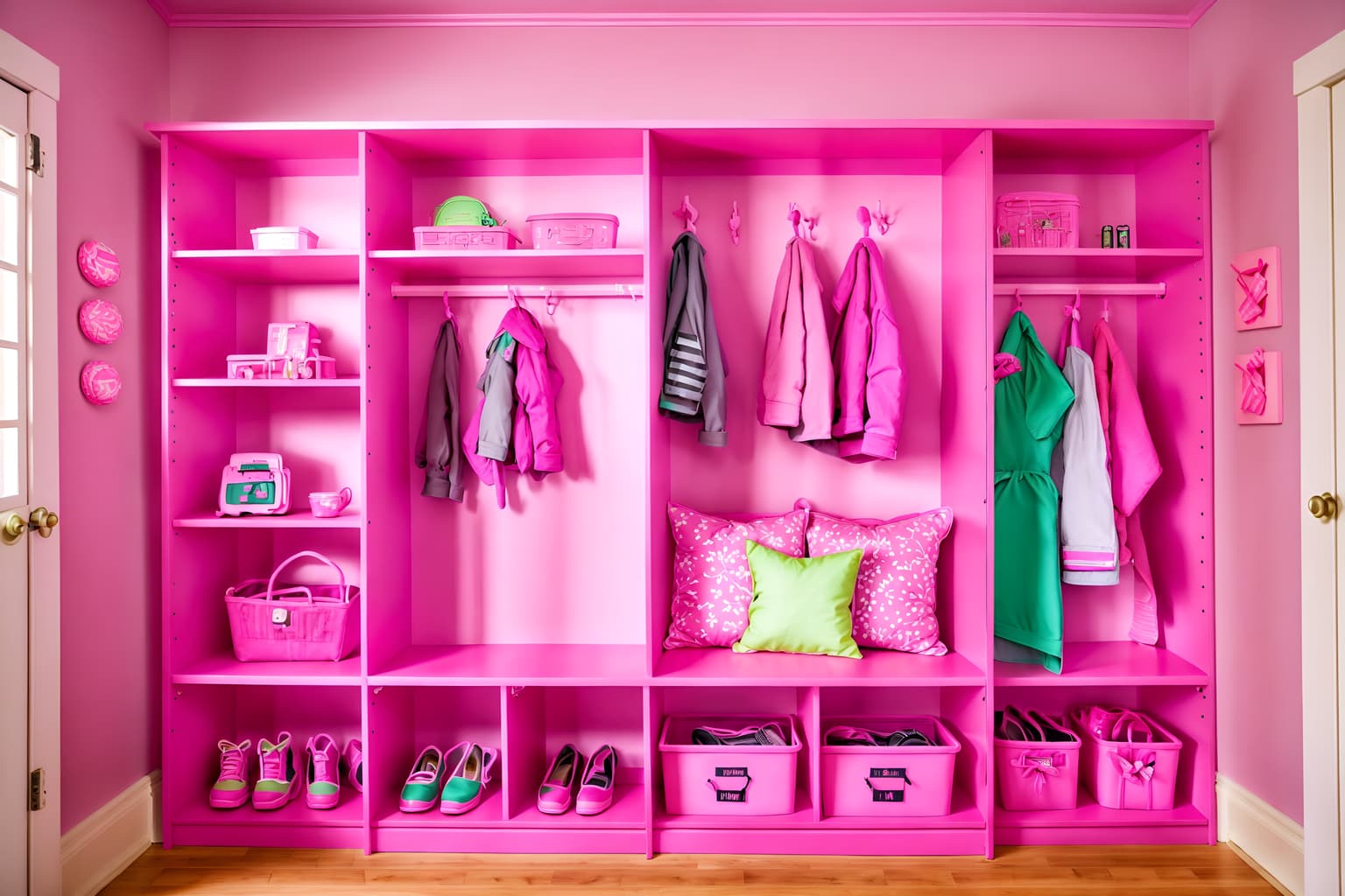 hot pink-style (mudroom interior) with a bench and shelves for shoes and storage drawers and wall hooks for coats and high up storage and cubbies and cabinets and storage baskets. . with hot pink barbie colors and barbie closet and barbie glitter and sparkle and barbie chairs and barbie plastic interior and barbie bold rosy hues like fuchsia and magenta and barbie sofa and barbie style interior. . cinematic photo, highly detailed, cinematic lighting, ultra-detailed, ultrarealistic, photorealism, 8k. hot pink interior design style. masterpiece, cinematic light, ultrarealistic+, photorealistic+, 8k, raw photo, realistic, sharp focus on eyes, (symmetrical eyes), (intact eyes), hyperrealistic, highest quality, best quality, , highly detailed, masterpiece, best quality, extremely detailed 8k wallpaper, masterpiece, best quality, ultra-detailed, best shadow, detailed background, detailed face, detailed eyes, high contrast, best illumination, detailed face, dulux, caustic, dynamic angle, detailed glow. dramatic lighting. highly detailed, insanely detailed hair, symmetrical, intricate details, professionally retouched, 8k high definition. strong bokeh. award winning photo.
