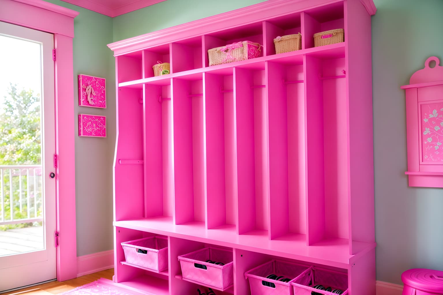 hot pink-style (mudroom interior) with a bench and shelves for shoes and storage drawers and wall hooks for coats and high up storage and cubbies and cabinets and storage baskets. . with hot pink barbie colors and barbie closet and barbie glitter and sparkle and barbie chairs and barbie plastic interior and barbie bold rosy hues like fuchsia and magenta and barbie sofa and barbie style interior. . cinematic photo, highly detailed, cinematic lighting, ultra-detailed, ultrarealistic, photorealism, 8k. hot pink interior design style. masterpiece, cinematic light, ultrarealistic+, photorealistic+, 8k, raw photo, realistic, sharp focus on eyes, (symmetrical eyes), (intact eyes), hyperrealistic, highest quality, best quality, , highly detailed, masterpiece, best quality, extremely detailed 8k wallpaper, masterpiece, best quality, ultra-detailed, best shadow, detailed background, detailed face, detailed eyes, high contrast, best illumination, detailed face, dulux, caustic, dynamic angle, detailed glow. dramatic lighting. highly detailed, insanely detailed hair, symmetrical, intricate details, professionally retouched, 8k high definition. strong bokeh. award winning photo.